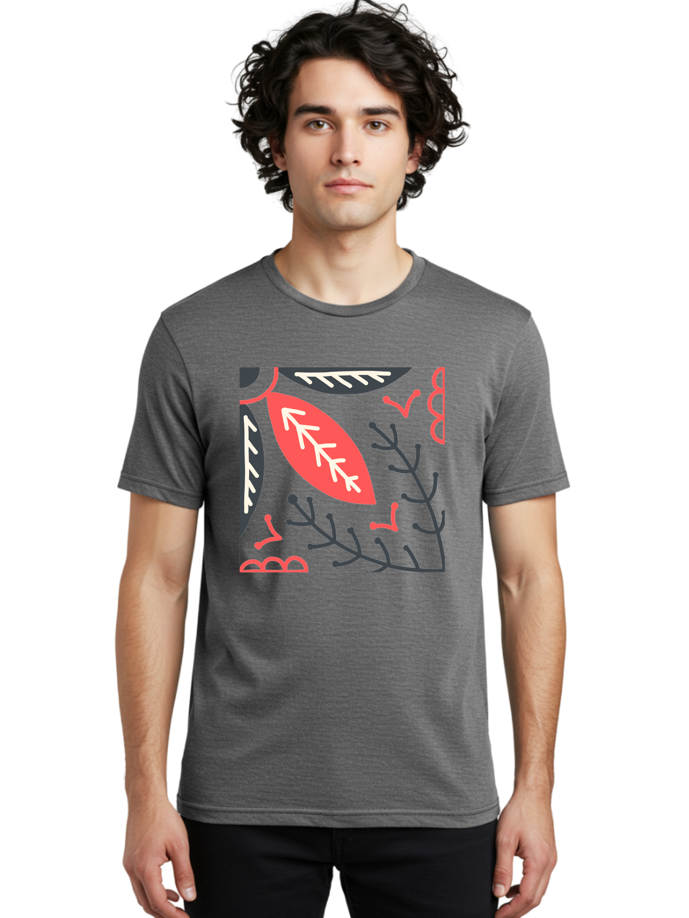 Floral-Pattern-12 Men'S Graphic Tee, 100% Cotton, Comfortable Casual Summer Wear, Machine Washable, Leaf Pattern, Floral Design, Abstract Leaves, Red And White Accents, Black Outlines, Whimsical Illustration, Botanical Art, Aab705
