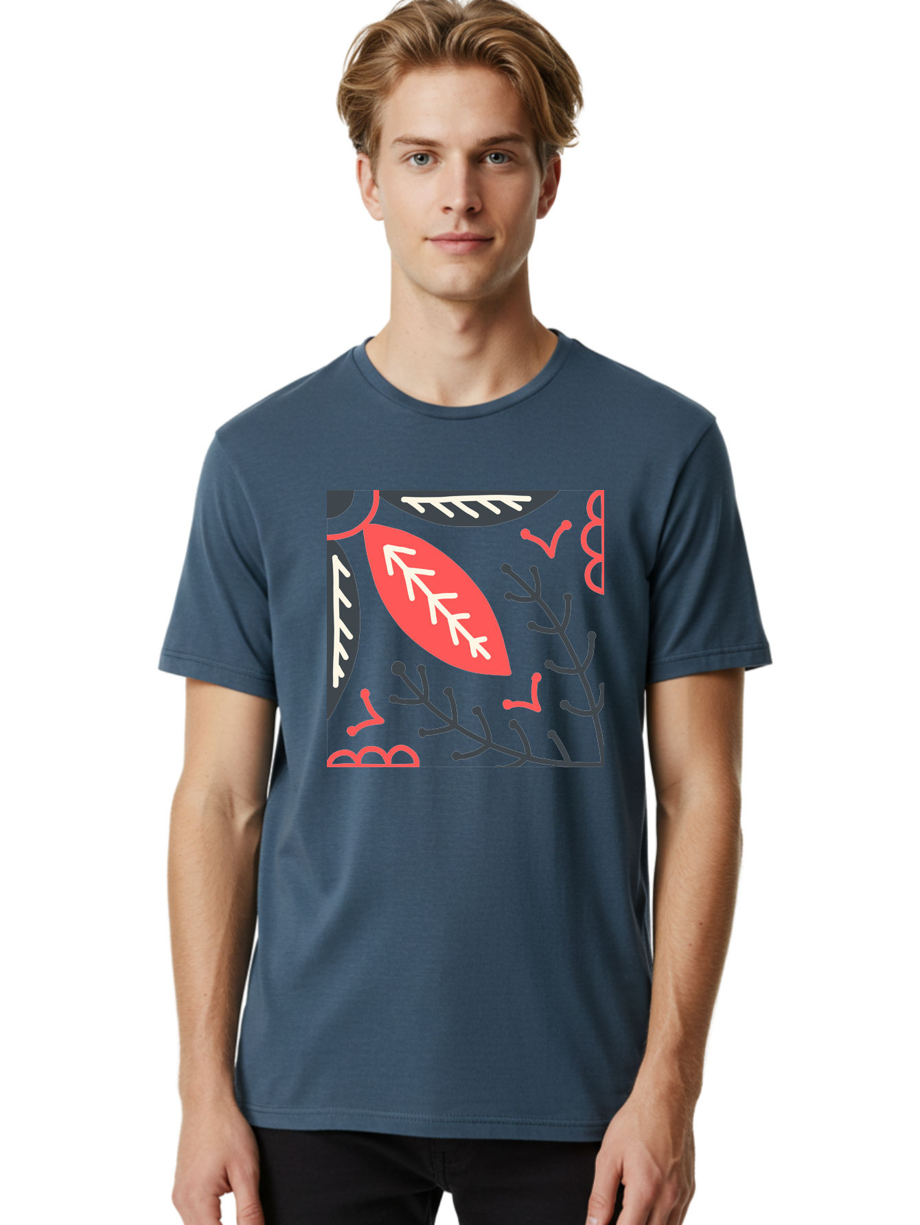 Floral-Pattern-12 Men'S Graphic Tee, 100% Cotton, Comfortable Casual Summer Wear, Machine Washable, Leaf Pattern, Floral Design, Abstract Leaves, Red And White Accents, Black Outlines, Whimsical Illustration, Botanical Art, Aab705