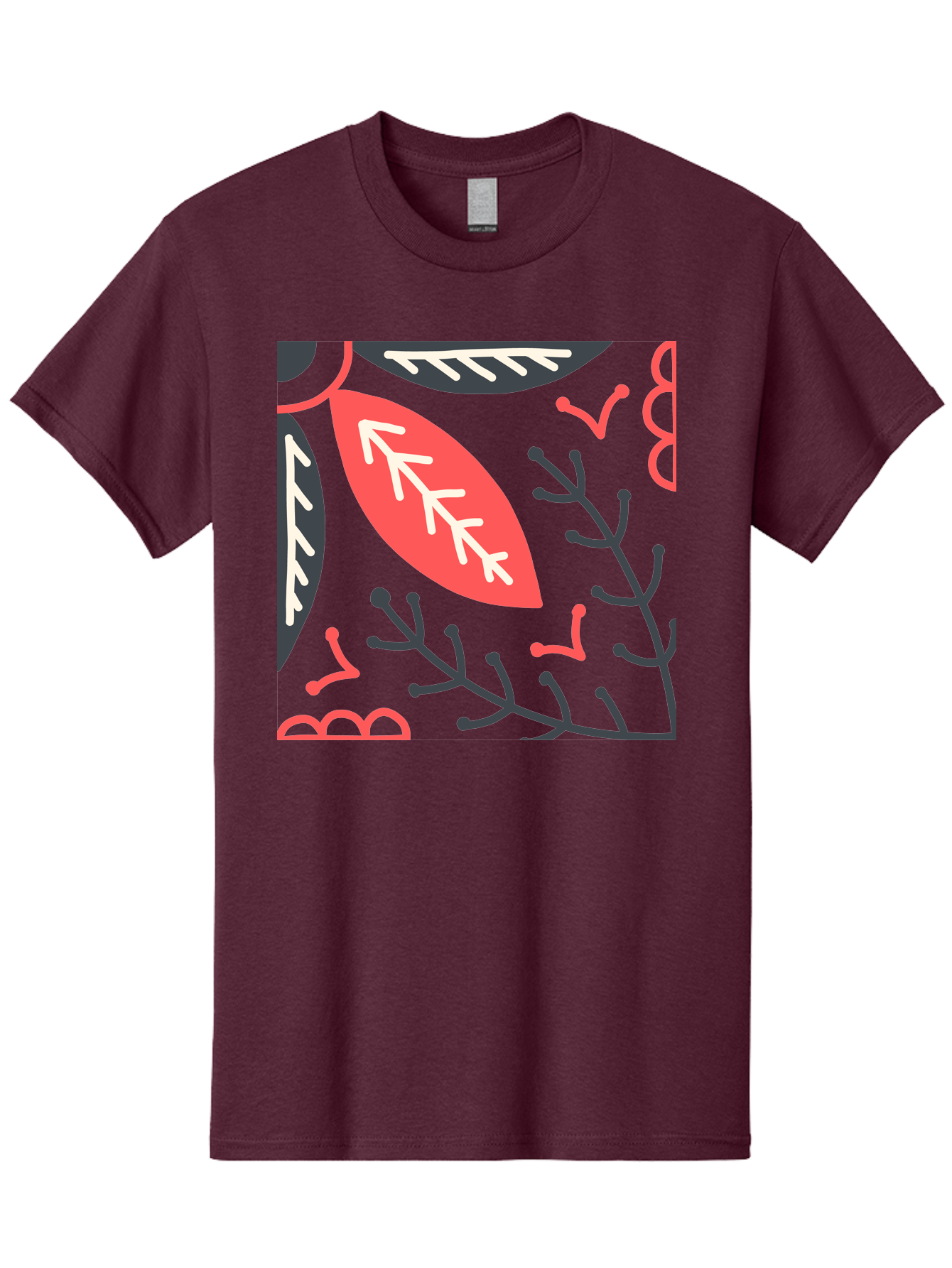Floral-Pattern-12 Men'S Graphic Tee, 100% Cotton, Comfortable Casual Summer Wear, Machine Washable, Leaf Pattern, Floral Design, Abstract Leaves, Red And White Accents, Black Outlines, Whimsical Illustration, Botanical Art, Aab705