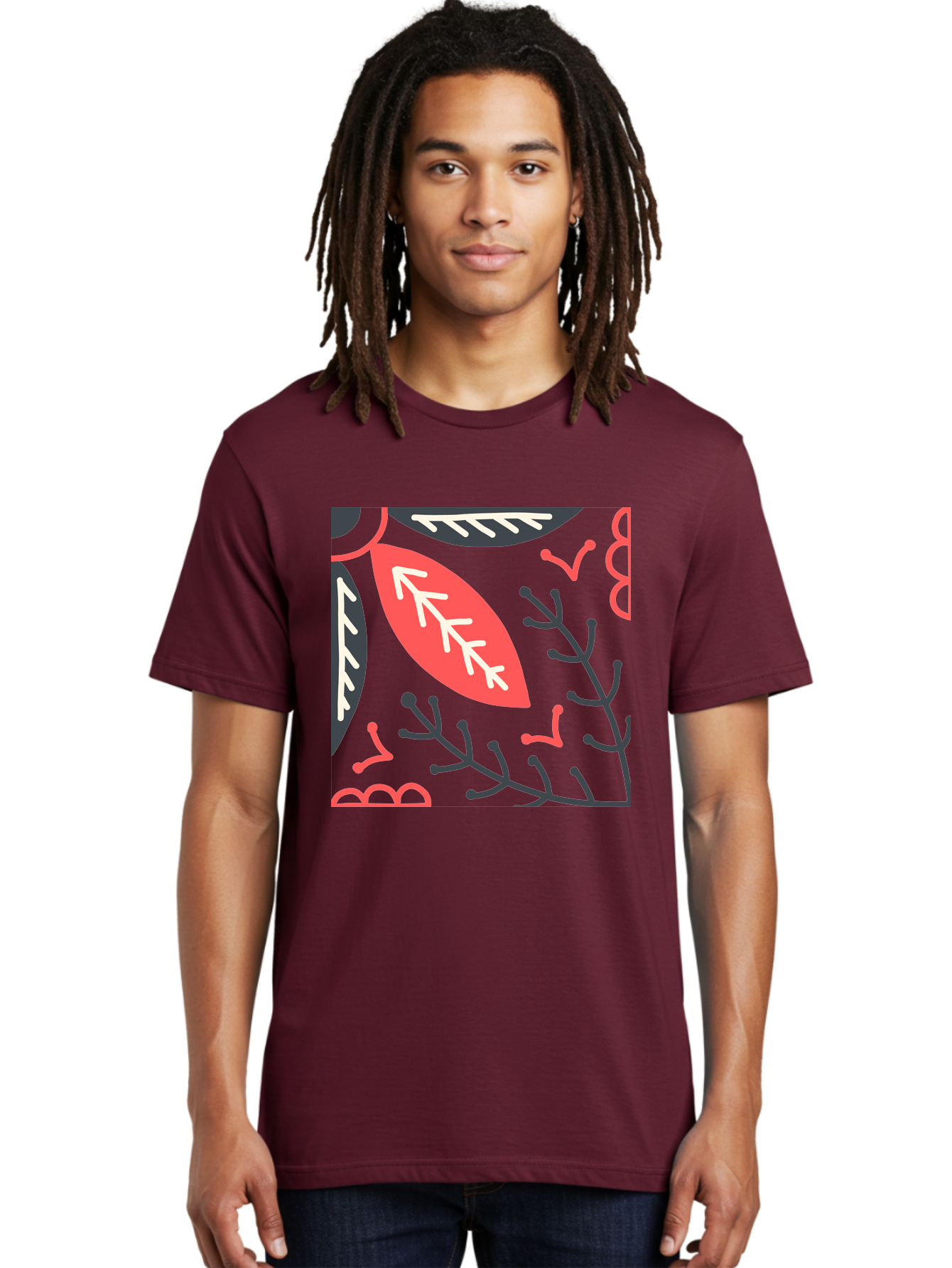 Floral-Pattern-12 Men'S Graphic Tee, 100% Cotton, Comfortable Casual Summer Wear, Machine Washable, Leaf Pattern, Floral Design, Abstract Leaves, Red And White Accents, Black Outlines, Whimsical Illustration, Botanical Art, Aab705