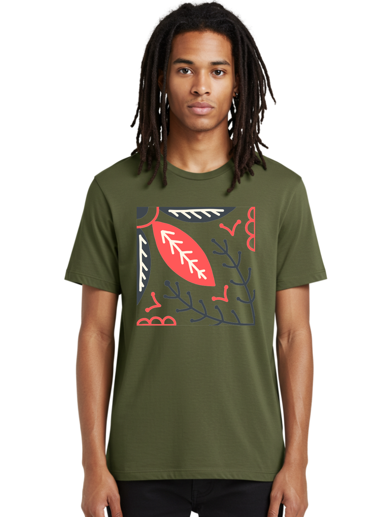 Floral-Pattern-12 Men'S Graphic Tee, 100% Cotton, Comfortable Casual Summer Wear, Machine Washable, Leaf Pattern, Floral Design, Abstract Leaves, Red And White Accents, Black Outlines, Whimsical Illustration, Botanical Art, Aab705