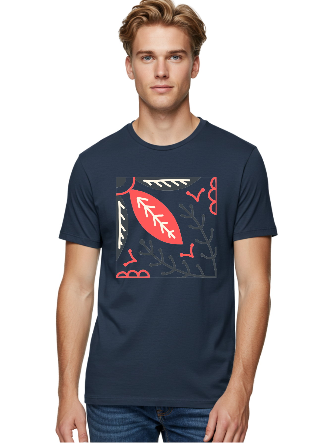 Floral-Pattern-12 Men'S Graphic Tee, 100% Cotton, Comfortable Casual Summer Wear, Machine Washable, Leaf Pattern, Floral Design, Abstract Leaves, Red And White Accents, Black Outlines, Whimsical Illustration, Botanical Art, Aab705