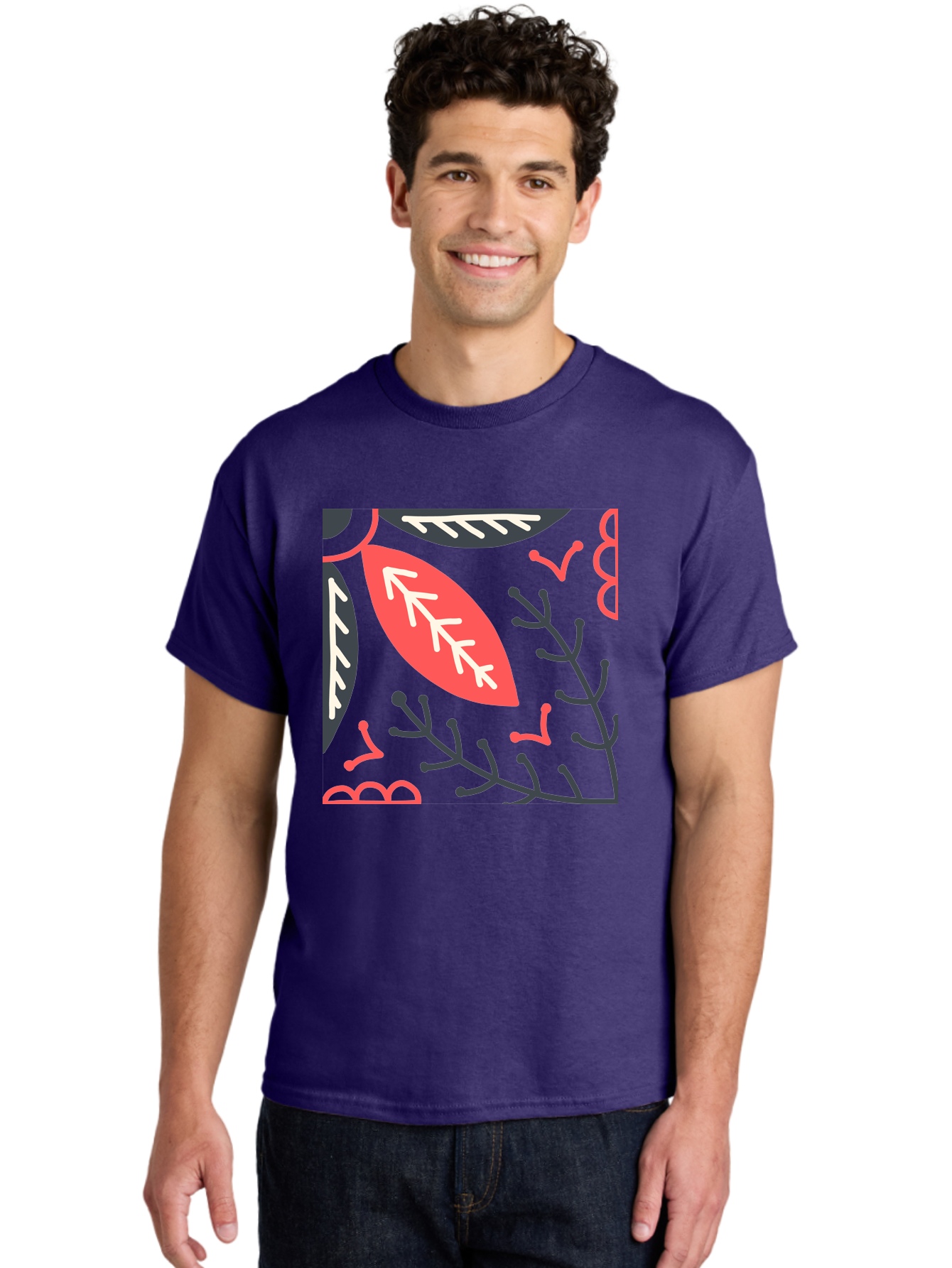 Floral-Pattern-12 Men'S Graphic Tee, 100% Cotton, Comfortable Casual Summer Wear, Machine Washable, Leaf Pattern, Floral Design, Abstract Leaves, Red And White Accents, Black Outlines, Whimsical Illustration, Botanical Art, Aab705