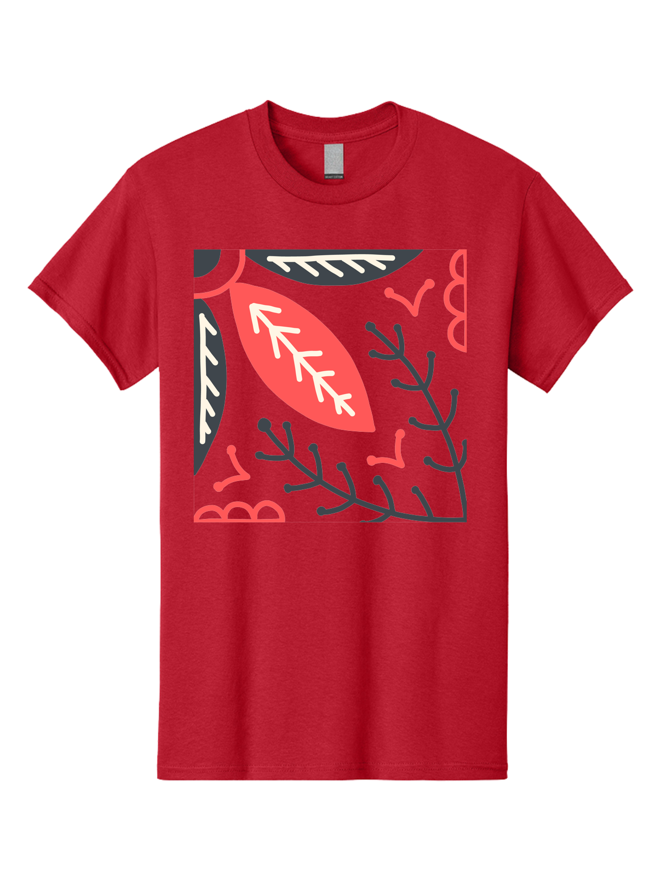 Floral-Pattern-12 Men'S Graphic Tee, 100% Cotton, Comfortable Casual Summer Wear, Machine Washable, Leaf Pattern, Floral Design, Abstract Leaves, Red And White Accents, Black Outlines, Whimsical Illustration, Botanical Art, Aab705