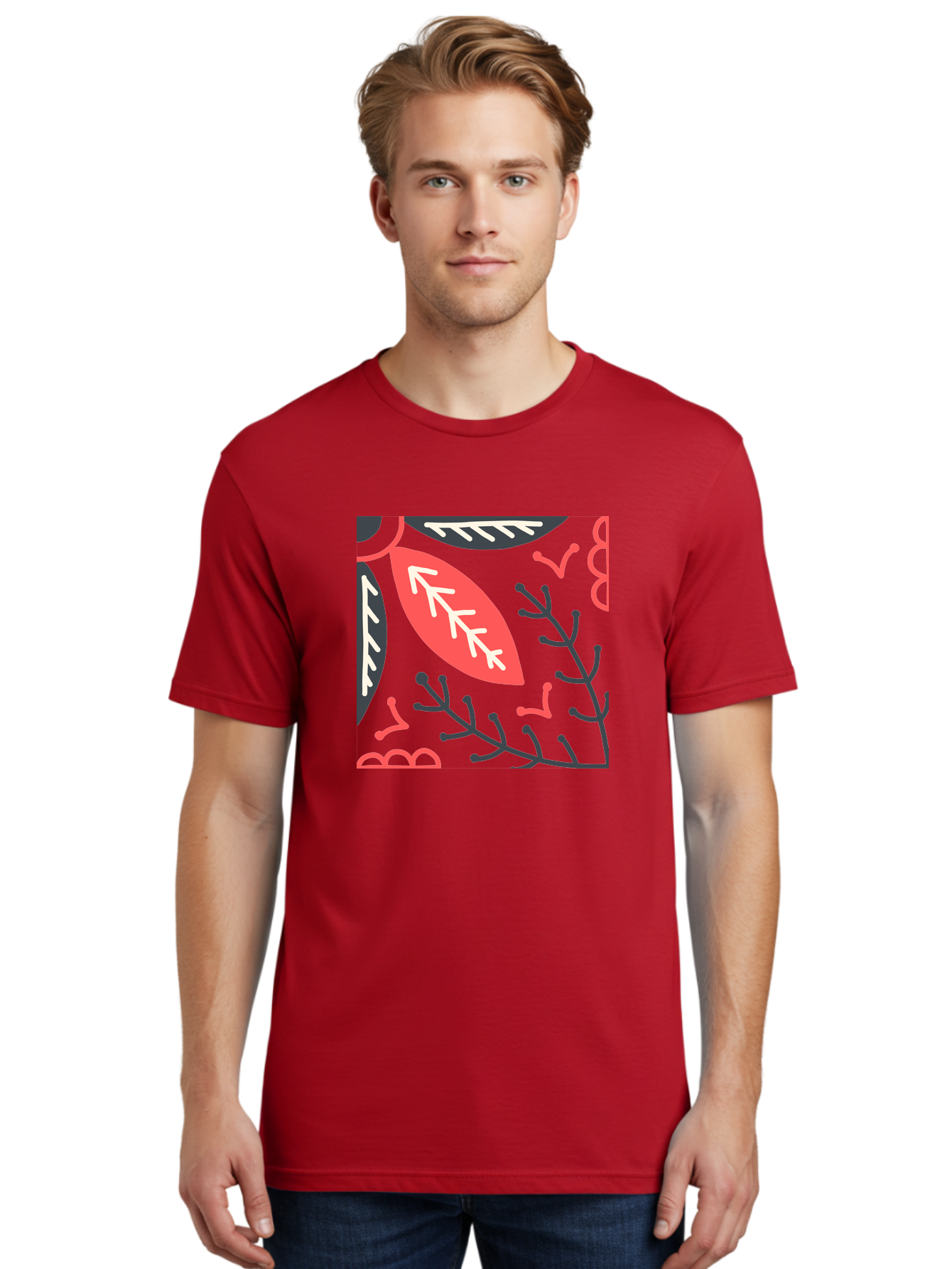 Floral-Pattern-12 Men'S Graphic Tee, 100% Cotton, Comfortable Casual Summer Wear, Machine Washable, Leaf Pattern, Floral Design, Abstract Leaves, Red And White Accents, Black Outlines, Whimsical Illustration, Botanical Art, Aab705