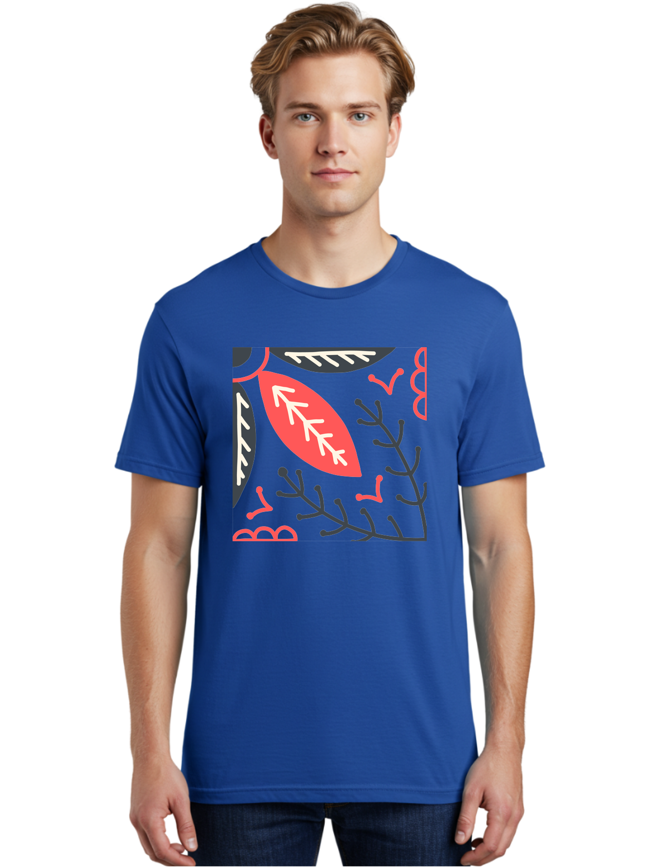 Floral-Pattern-12 Men'S Graphic Tee, 100% Cotton, Comfortable Casual Summer Wear, Machine Washable, Leaf Pattern, Floral Design, Abstract Leaves, Red And White Accents, Black Outlines, Whimsical Illustration, Botanical Art, Aab705