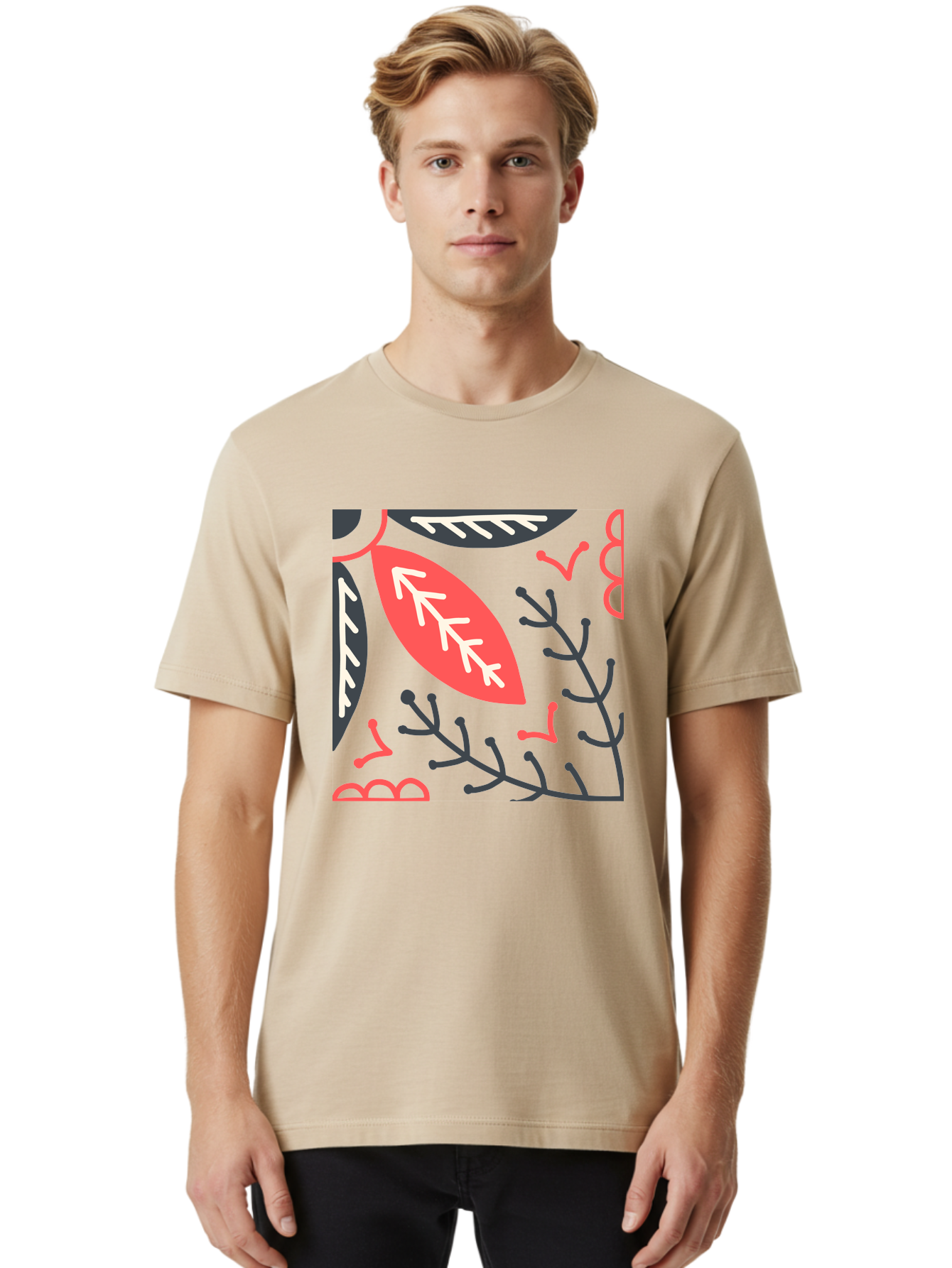 Floral-Pattern-12 Men'S Graphic Tee, 100% Cotton, Comfortable Casual Summer Wear, Machine Washable, Leaf Pattern, Floral Design, Abstract Leaves, Red And White Accents, Black Outlines, Whimsical Illustration, Botanical Art, Aab705