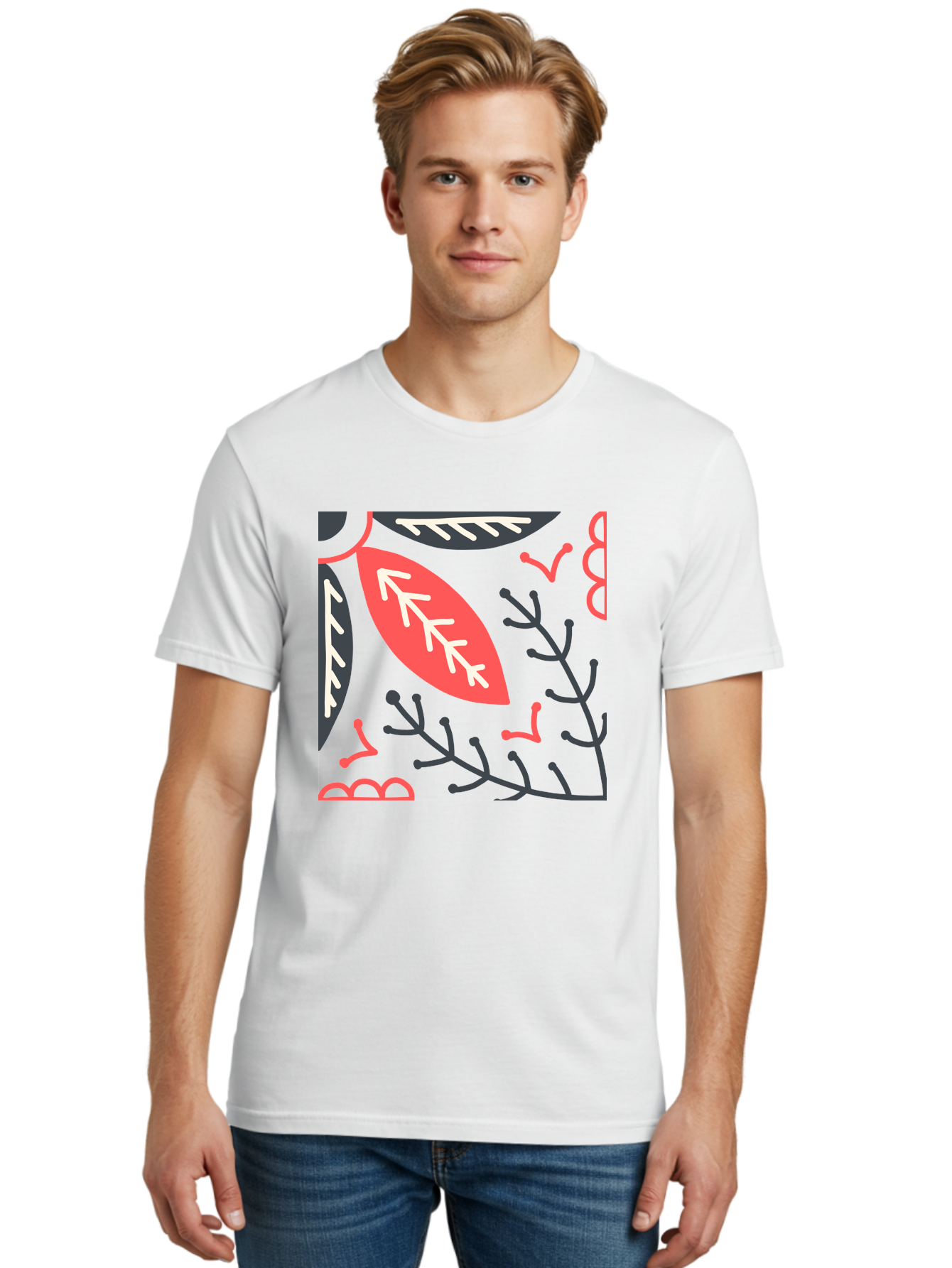 Floral-Pattern-12 Men'S Graphic Tee, 100% Cotton, Comfortable Casual Summer Wear, Machine Washable, Leaf Pattern, Floral Design, Abstract Leaves, Red And White Accents, Black Outlines, Whimsical Illustration, Botanical Art, Aab705