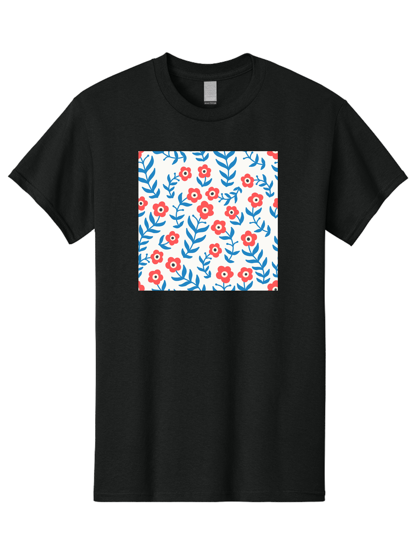 Floral-Pattern-13 Men'S Graphic Tee, 100% Cotton, Comfortable Casual Summer Wear, Machine Washable, Red Flowers, Blue Leaves, Floral Pattern, Repeating Design, Simple Shapes, Minimalist Style, Bold Colors, Playful Motif, Decorative Wallpaper, Aab706