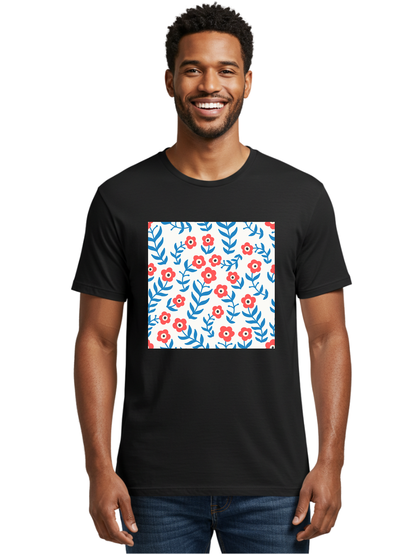 Floral-Pattern-13 Men'S Graphic Tee, 100% Cotton, Comfortable Casual Summer Wear, Machine Washable, Red Flowers, Blue Leaves, Floral Pattern, Repeating Design, Simple Shapes, Minimalist Style, Bold Colors, Playful Motif, Decorative Wallpaper, Aab706