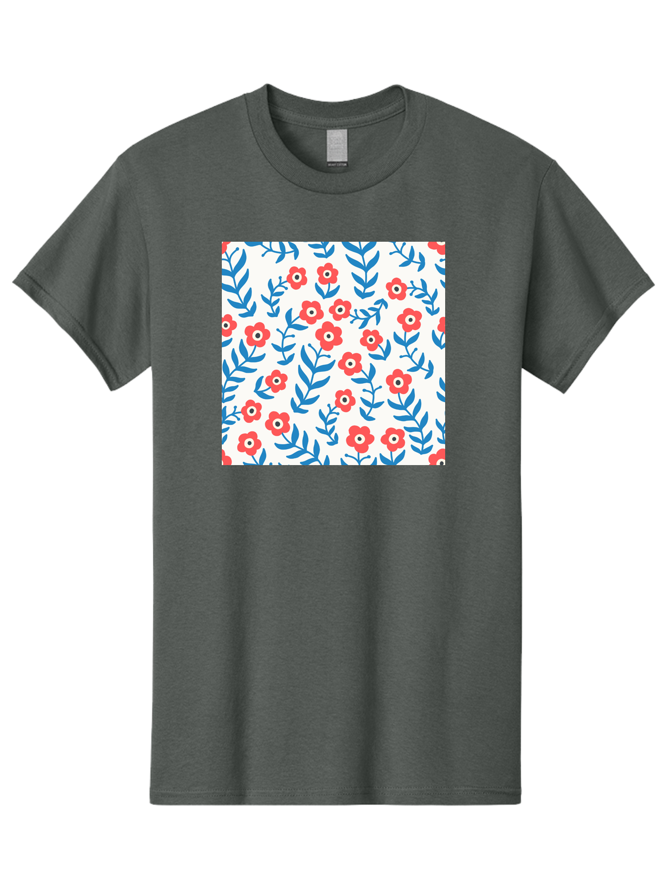 Floral-Pattern-13 Men'S Graphic Tee, 100% Cotton, Comfortable Casual Summer Wear, Machine Washable, Red Flowers, Blue Leaves, Floral Pattern, Repeating Design, Simple Shapes, Minimalist Style, Bold Colors, Playful Motif, Decorative Wallpaper, Aab706