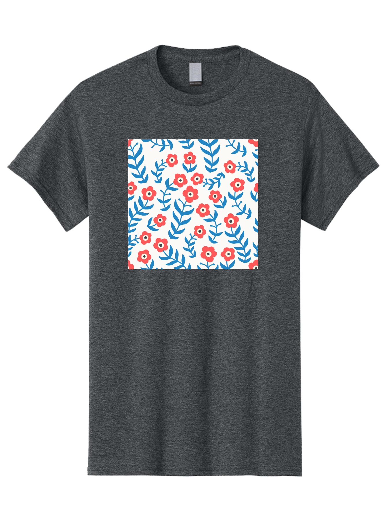 Floral-Pattern-13 Men'S Graphic Tee, 100% Cotton, Comfortable Casual Summer Wear, Machine Washable, Red Flowers, Blue Leaves, Floral Pattern, Repeating Design, Simple Shapes, Minimalist Style, Bold Colors, Playful Motif, Decorative Wallpaper, Aab706