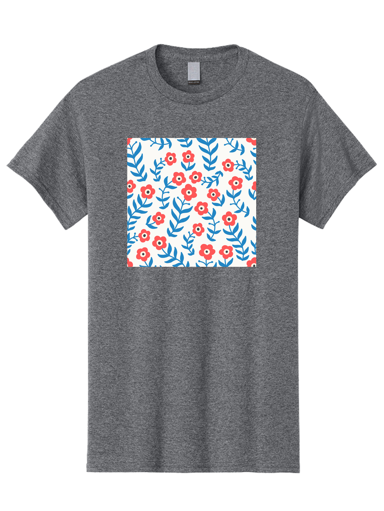 Floral-Pattern-13 Men'S Graphic Tee, 100% Cotton, Comfortable Casual Summer Wear, Machine Washable, Red Flowers, Blue Leaves, Floral Pattern, Repeating Design, Simple Shapes, Minimalist Style, Bold Colors, Playful Motif, Decorative Wallpaper, Aab706