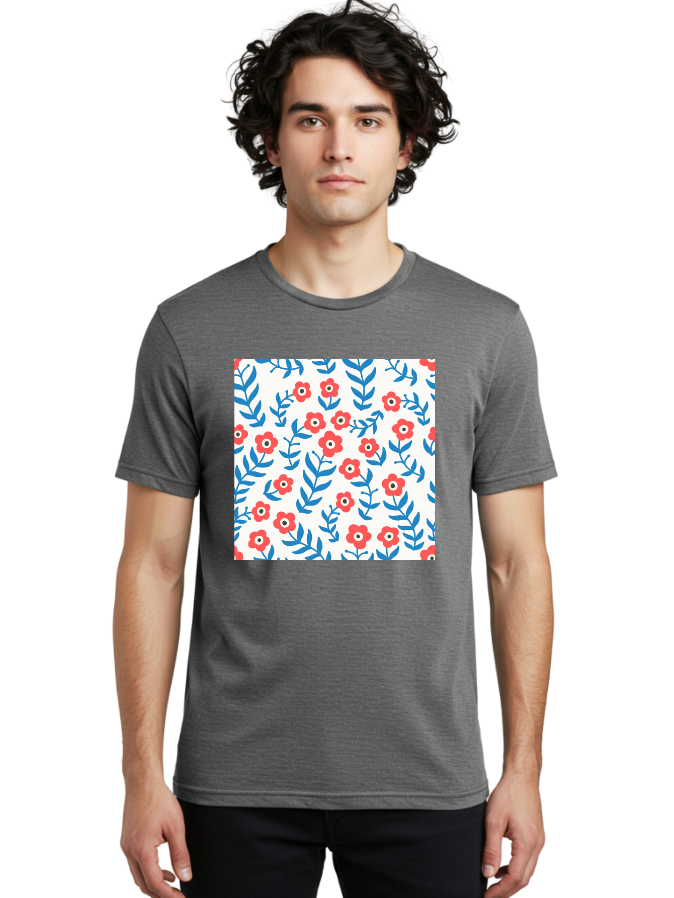 Floral-Pattern-13 Men'S Graphic Tee, 100% Cotton, Comfortable Casual Summer Wear, Machine Washable, Red Flowers, Blue Leaves, Floral Pattern, Repeating Design, Simple Shapes, Minimalist Style, Bold Colors, Playful Motif, Decorative Wallpaper, Aab706
