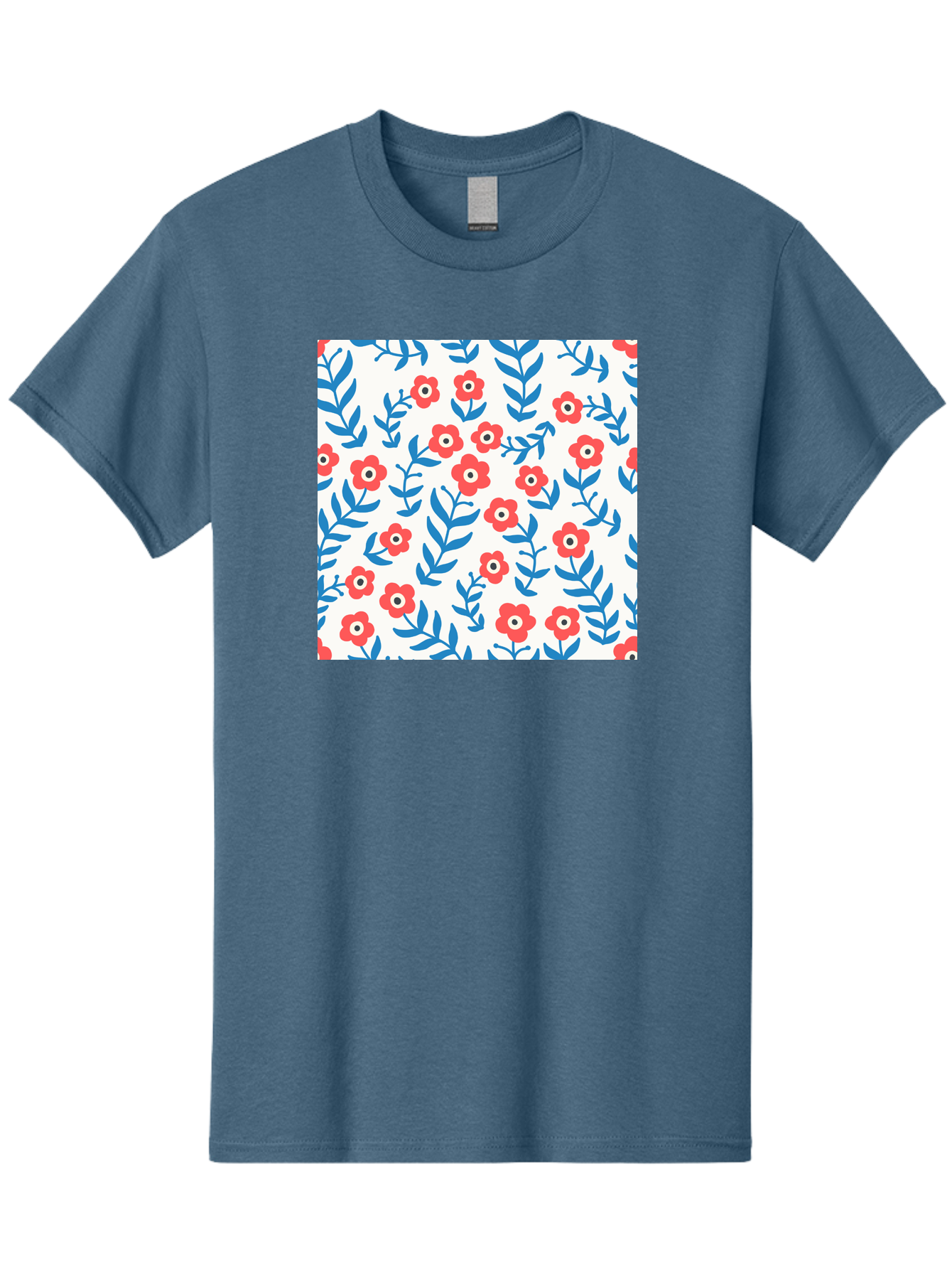 Floral-Pattern-13 Men'S Graphic Tee, 100% Cotton, Comfortable Casual Summer Wear, Machine Washable, Red Flowers, Blue Leaves, Floral Pattern, Repeating Design, Simple Shapes, Minimalist Style, Bold Colors, Playful Motif, Decorative Wallpaper, Aab706