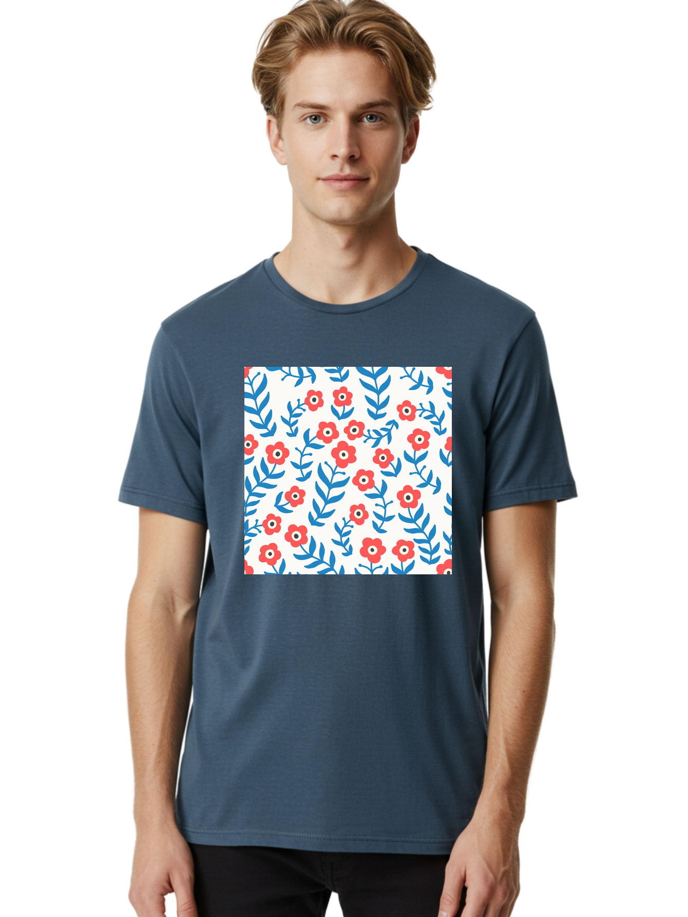 Floral-Pattern-13 Men'S Graphic Tee, 100% Cotton, Comfortable Casual Summer Wear, Machine Washable, Red Flowers, Blue Leaves, Floral Pattern, Repeating Design, Simple Shapes, Minimalist Style, Bold Colors, Playful Motif, Decorative Wallpaper, Aab706