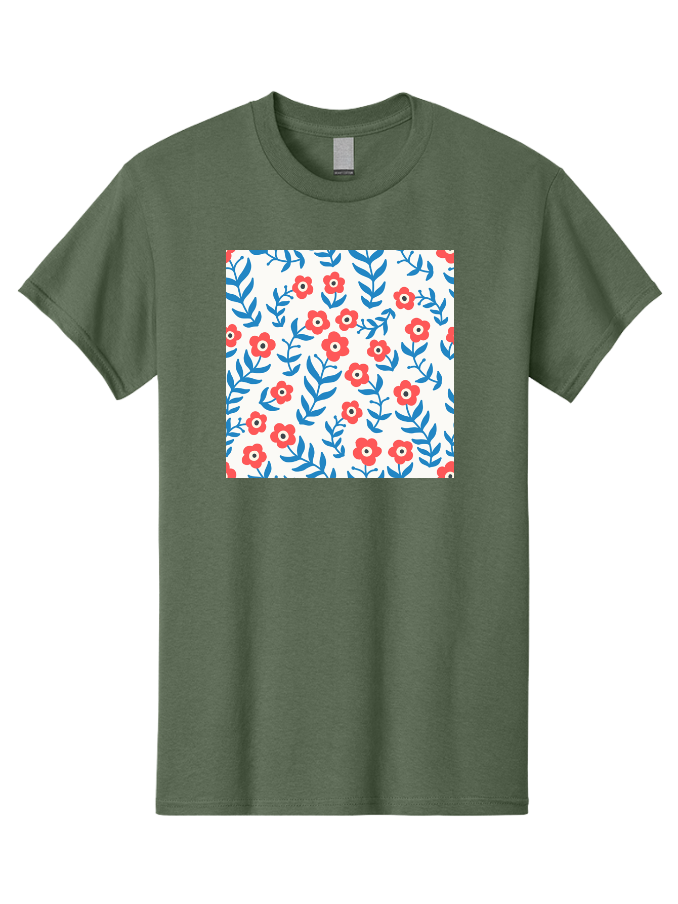 Floral-Pattern-13 Men'S Graphic Tee, 100% Cotton, Comfortable Casual Summer Wear, Machine Washable, Red Flowers, Blue Leaves, Floral Pattern, Repeating Design, Simple Shapes, Minimalist Style, Bold Colors, Playful Motif, Decorative Wallpaper, Aab706