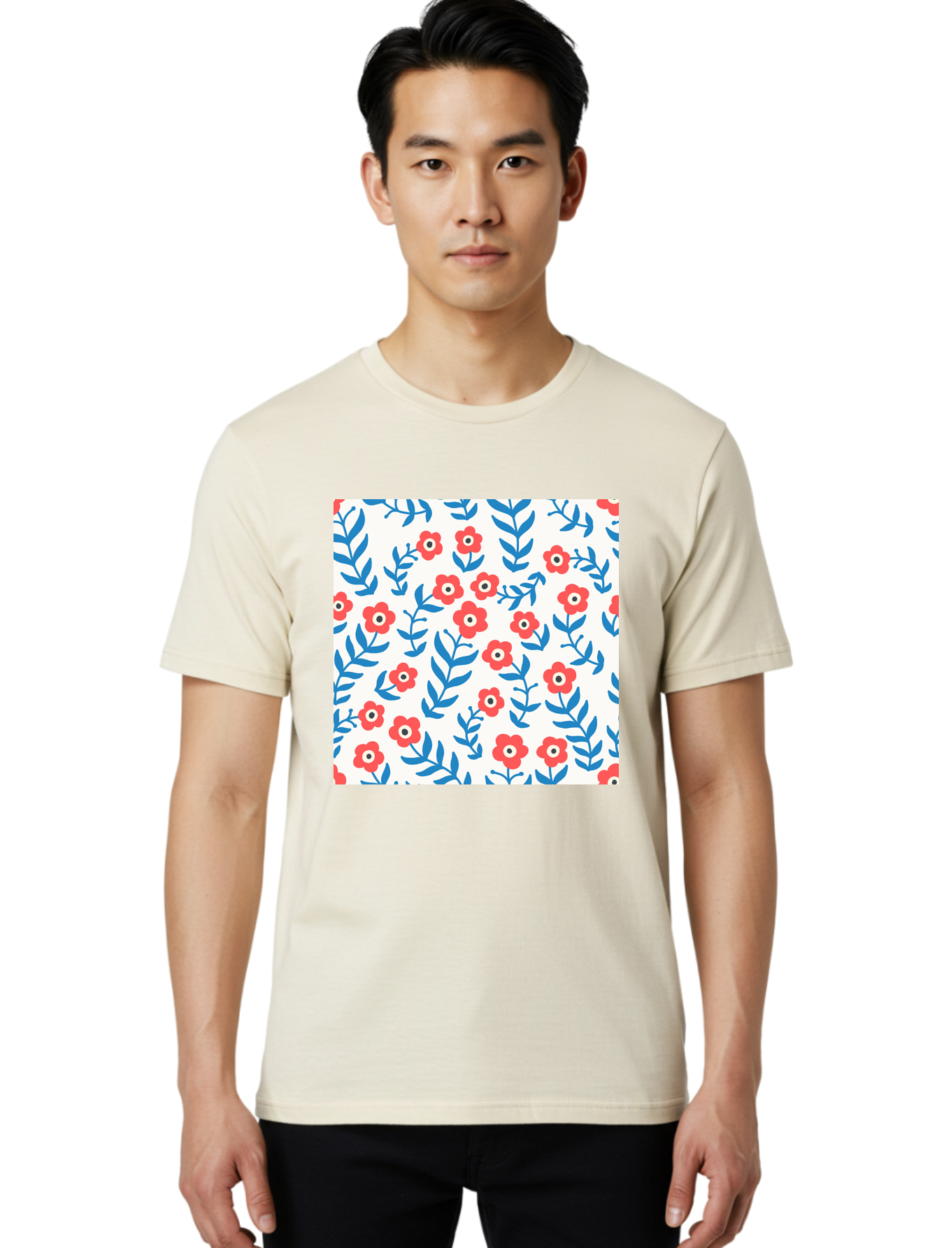 Floral-Pattern-13 Men'S Graphic Tee, 100% Cotton, Comfortable Casual Summer Wear, Machine Washable, Red Flowers, Blue Leaves, Floral Pattern, Repeating Design, Simple Shapes, Minimalist Style, Bold Colors, Playful Motif, Decorative Wallpaper, Aab706