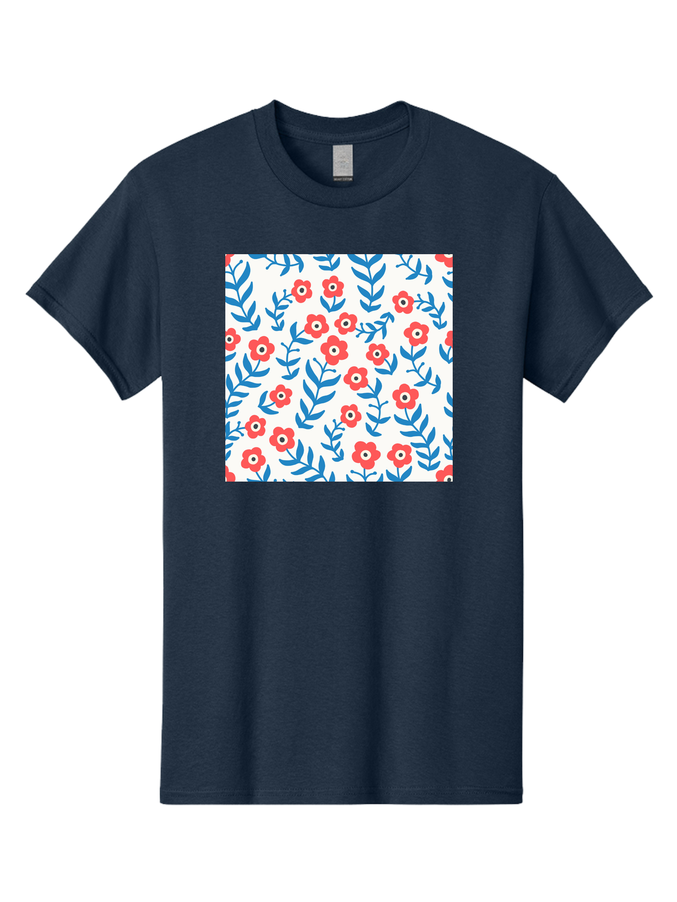 Floral-Pattern-13 Men'S Graphic Tee, 100% Cotton, Comfortable Casual Summer Wear, Machine Washable, Red Flowers, Blue Leaves, Floral Pattern, Repeating Design, Simple Shapes, Minimalist Style, Bold Colors, Playful Motif, Decorative Wallpaper, Aab706