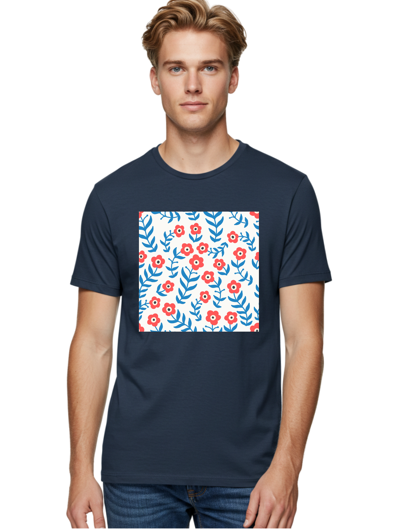 Floral-Pattern-13 Men'S Graphic Tee, 100% Cotton, Comfortable Casual Summer Wear, Machine Washable, Red Flowers, Blue Leaves, Floral Pattern, Repeating Design, Simple Shapes, Minimalist Style, Bold Colors, Playful Motif, Decorative Wallpaper, Aab706
