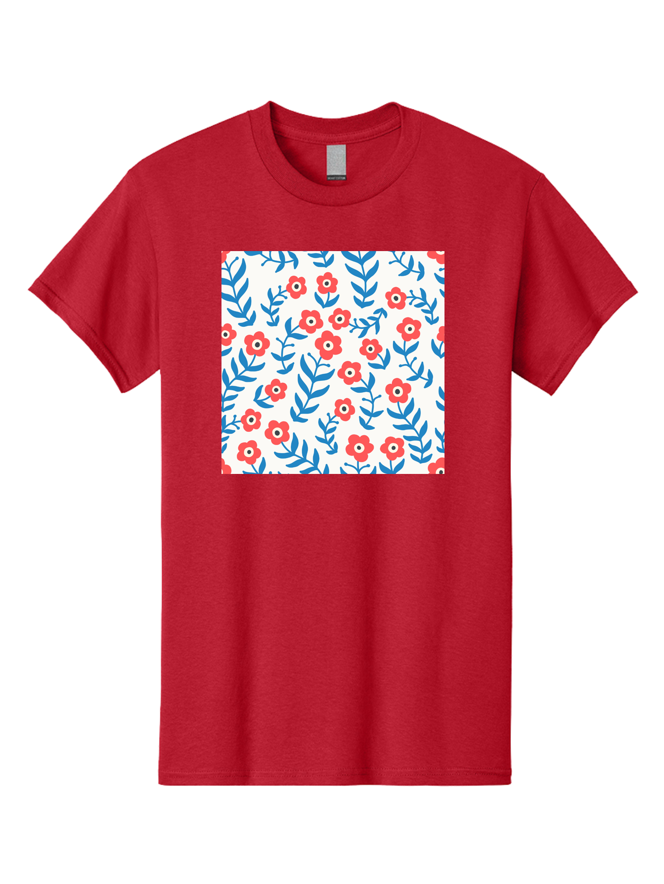Floral-Pattern-13 Men'S Graphic Tee, 100% Cotton, Comfortable Casual Summer Wear, Machine Washable, Red Flowers, Blue Leaves, Floral Pattern, Repeating Design, Simple Shapes, Minimalist Style, Bold Colors, Playful Motif, Decorative Wallpaper, Aab706