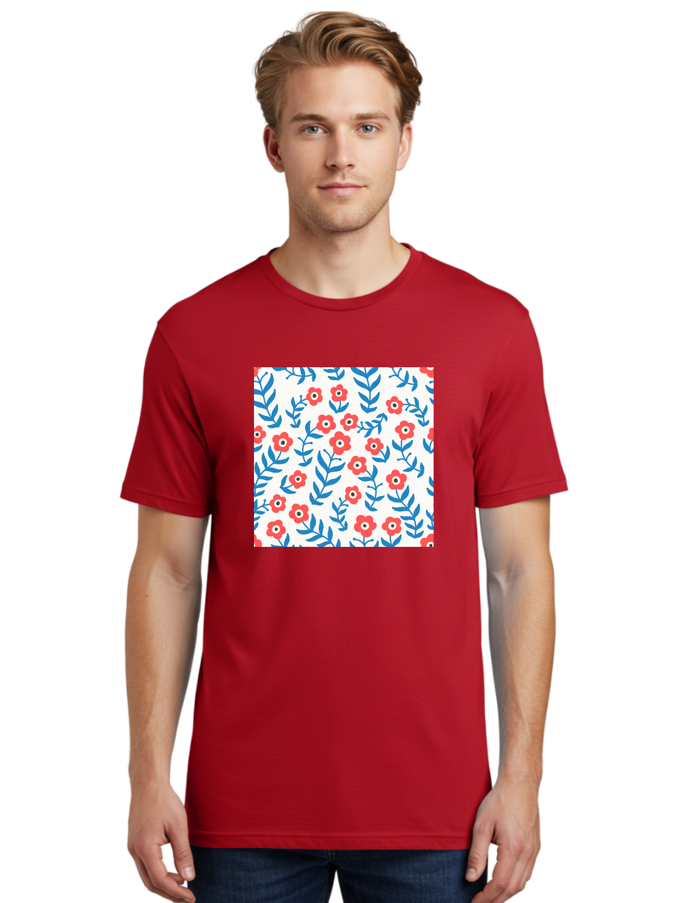 Floral-Pattern-13 Men'S Graphic Tee, 100% Cotton, Comfortable Casual Summer Wear, Machine Washable, Red Flowers, Blue Leaves, Floral Pattern, Repeating Design, Simple Shapes, Minimalist Style, Bold Colors, Playful Motif, Decorative Wallpaper, Aab706