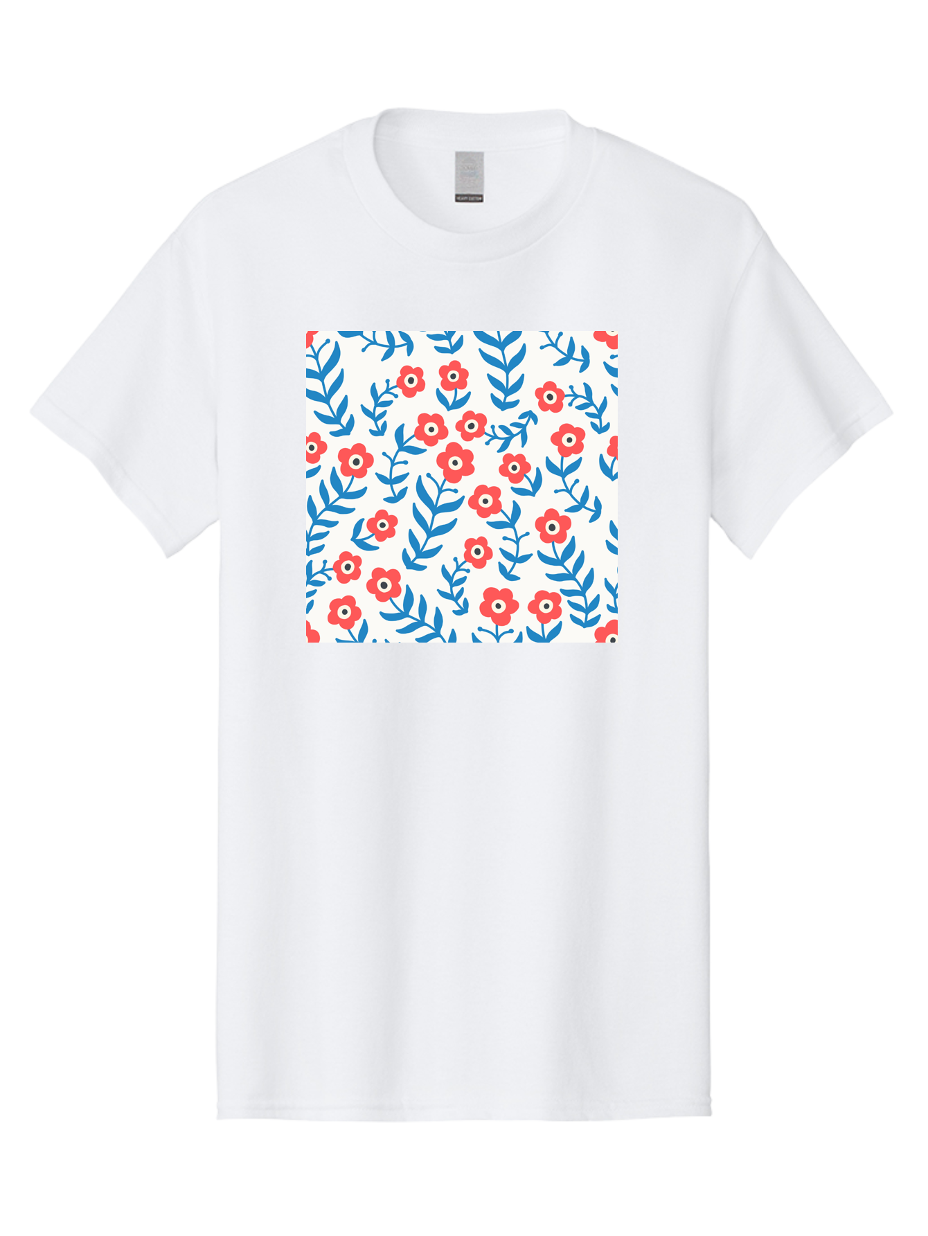 Floral-Pattern-13 Men'S Graphic Tee, 100% Cotton, Comfortable Casual Summer Wear, Machine Washable, Red Flowers, Blue Leaves, Floral Pattern, Repeating Design, Simple Shapes, Minimalist Style, Bold Colors, Playful Motif, Decorative Wallpaper, Aab706