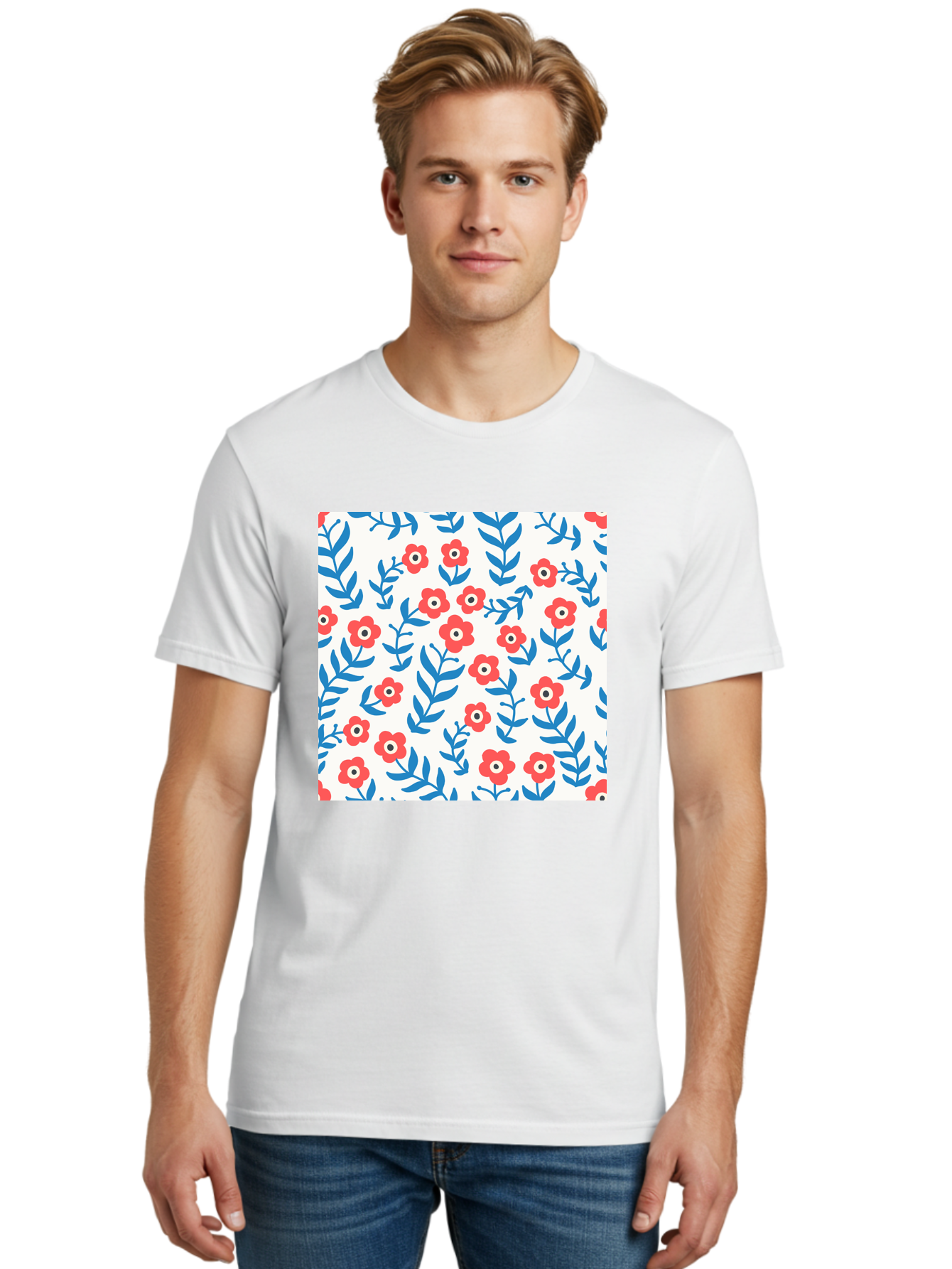 Floral-Pattern-13 Men'S Graphic Tee, 100% Cotton, Comfortable Casual Summer Wear, Machine Washable, Red Flowers, Blue Leaves, Floral Pattern, Repeating Design, Simple Shapes, Minimalist Style, Bold Colors, Playful Motif, Decorative Wallpaper, Aab706