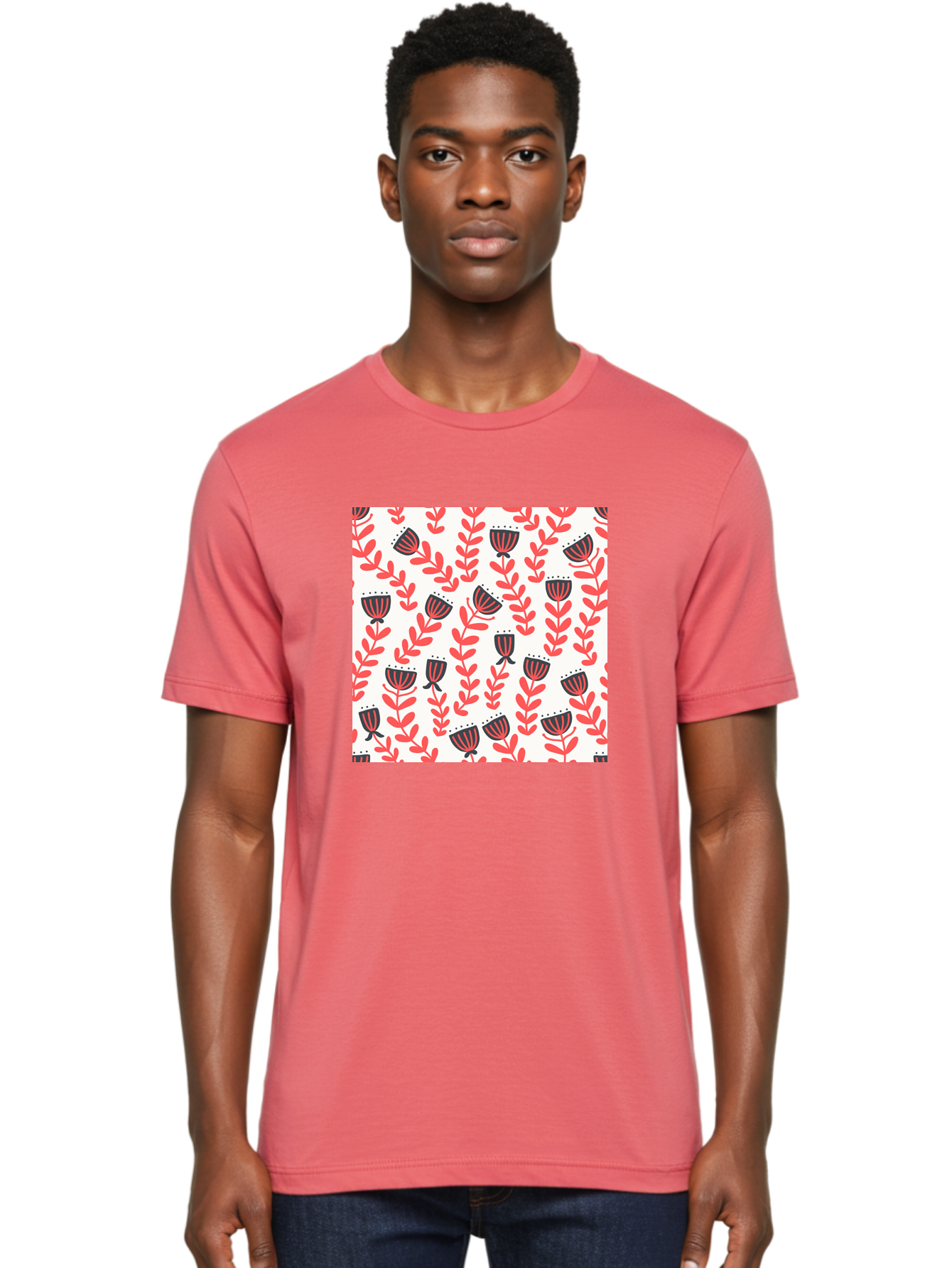 Floral-Pattern-14 Men'S Graphic Tee, 100% Cotton, Comfortable Casual Summer Wear, Machine Washable, Repeating Floral Pattern, Red Leaves, Black And Red Flowers, Minimalist Design, Simple Shapes, Folk Art Style, Wallpaper Design, Aab707