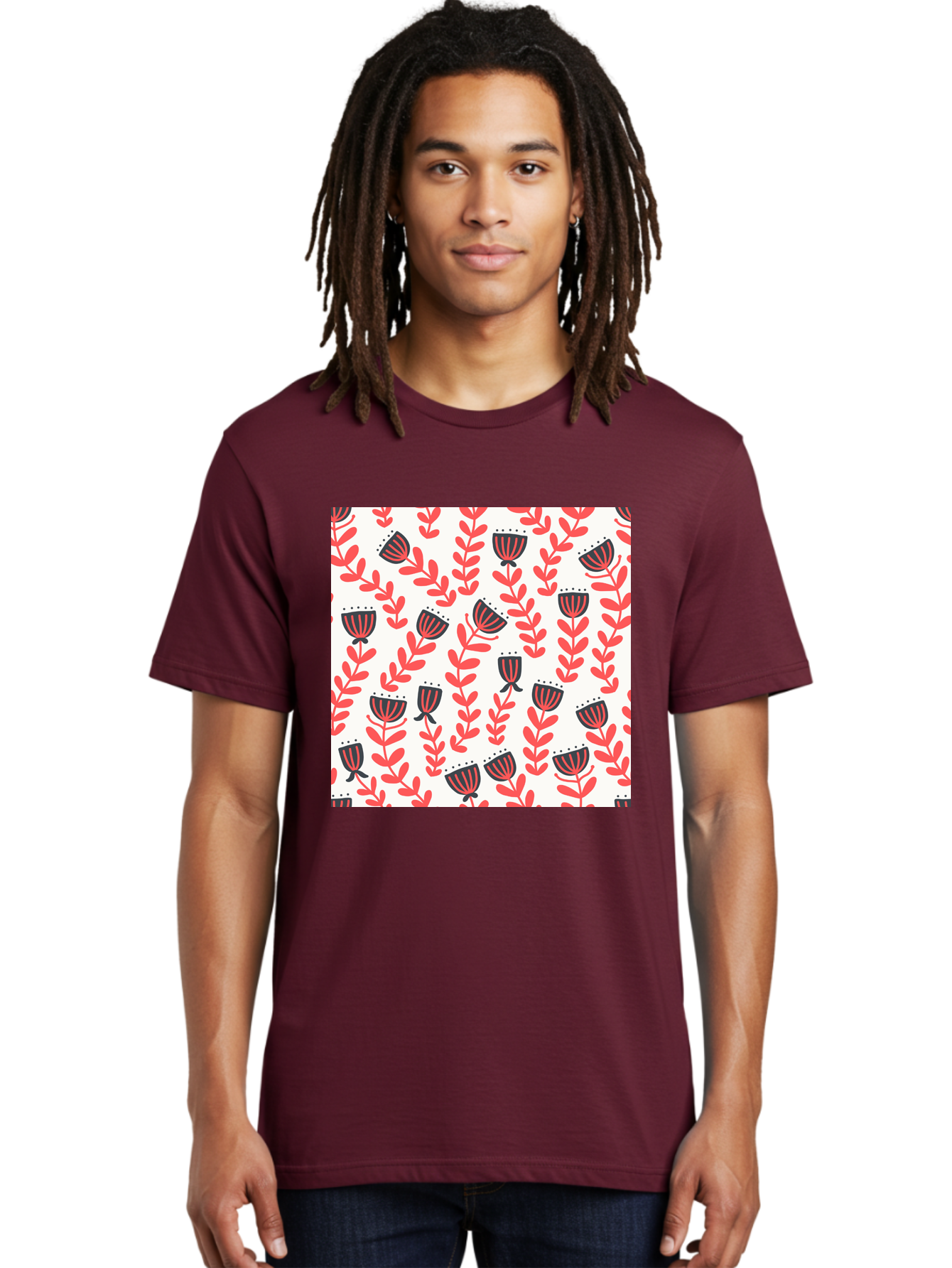 Floral-Pattern-14 Men'S Graphic Tee, 100% Cotton, Comfortable Casual Summer Wear, Machine Washable, Repeating Floral Pattern, Red Leaves, Black And Red Flowers, Minimalist Design, Simple Shapes, Folk Art Style, Wallpaper Design, Aab707