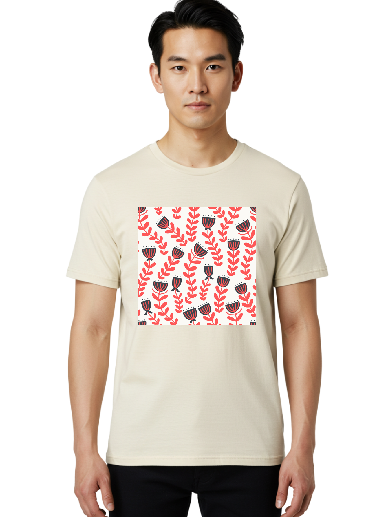 Floral-Pattern-14 Men'S Graphic Tee, 100% Cotton, Comfortable Casual Summer Wear, Machine Washable, Repeating Floral Pattern, Red Leaves, Black And Red Flowers, Minimalist Design, Simple Shapes, Folk Art Style, Wallpaper Design, Aab707