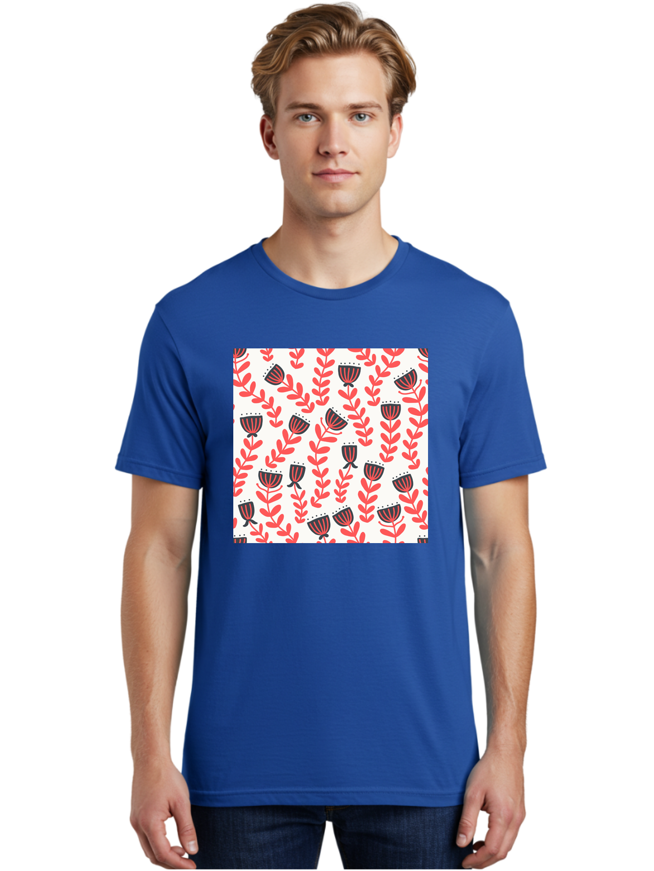 Floral-Pattern-14 Men'S Graphic Tee, 100% Cotton, Comfortable Casual Summer Wear, Machine Washable, Repeating Floral Pattern, Red Leaves, Black And Red Flowers, Minimalist Design, Simple Shapes, Folk Art Style, Wallpaper Design, Aab707