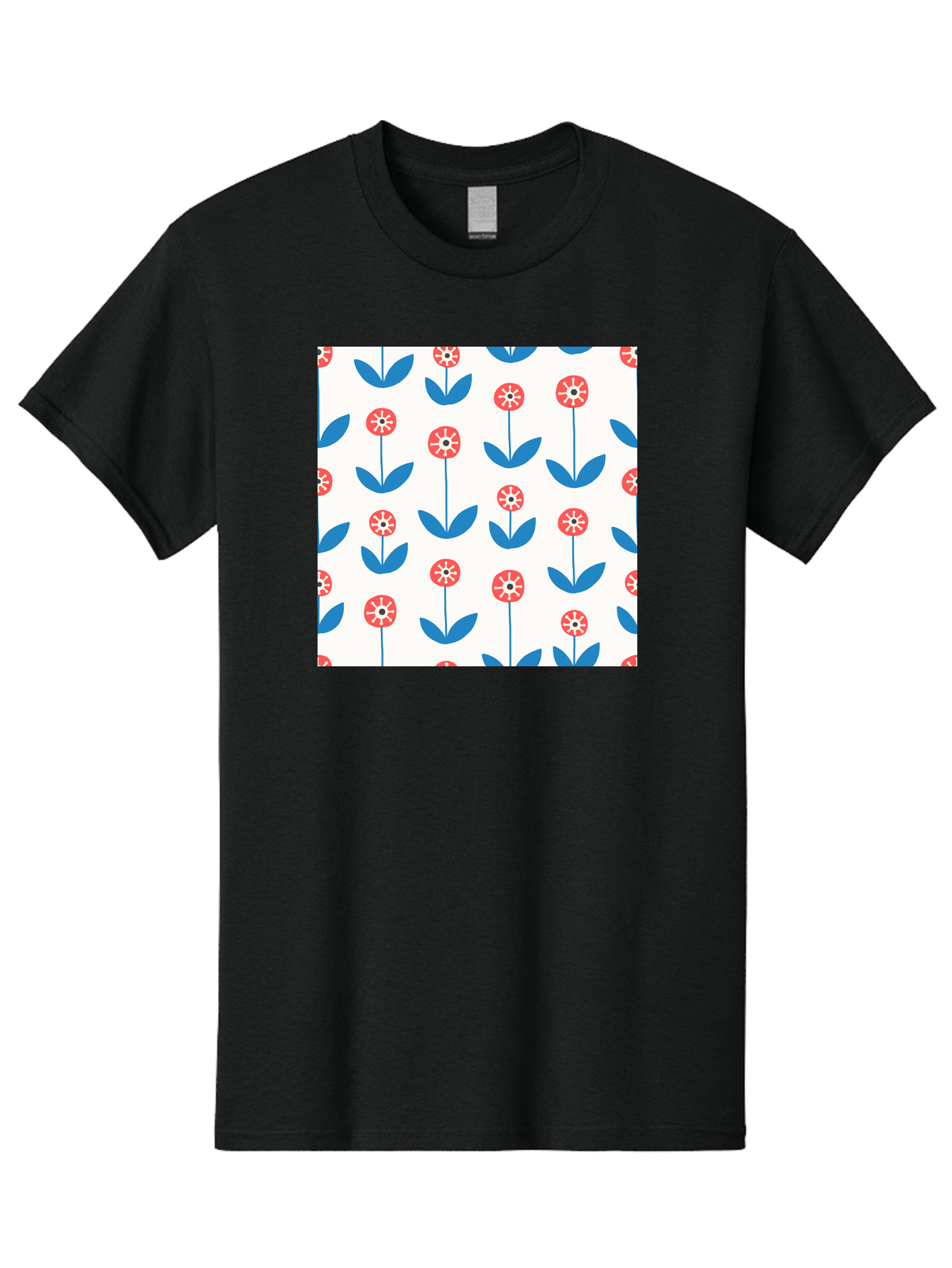 Floral-Pattern-15 Men'S Graphic Tee, 100% Cotton, Comfortable Casual Summer Wear, Machine Washable, Repeating Floral Pattern, Red Flowers With White Details, Blue Leaves And Stems, Simple Design, Minimalist Style, Seamless Repeat, Aab708