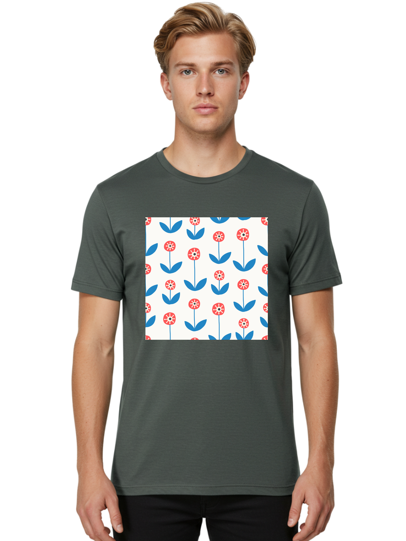 Floral-Pattern-15 Men'S Graphic Tee, 100% Cotton, Comfortable Casual Summer Wear, Machine Washable, Repeating Floral Pattern, Red Flowers With White Details, Blue Leaves And Stems, Simple Design, Minimalist Style, Seamless Repeat, Aab708