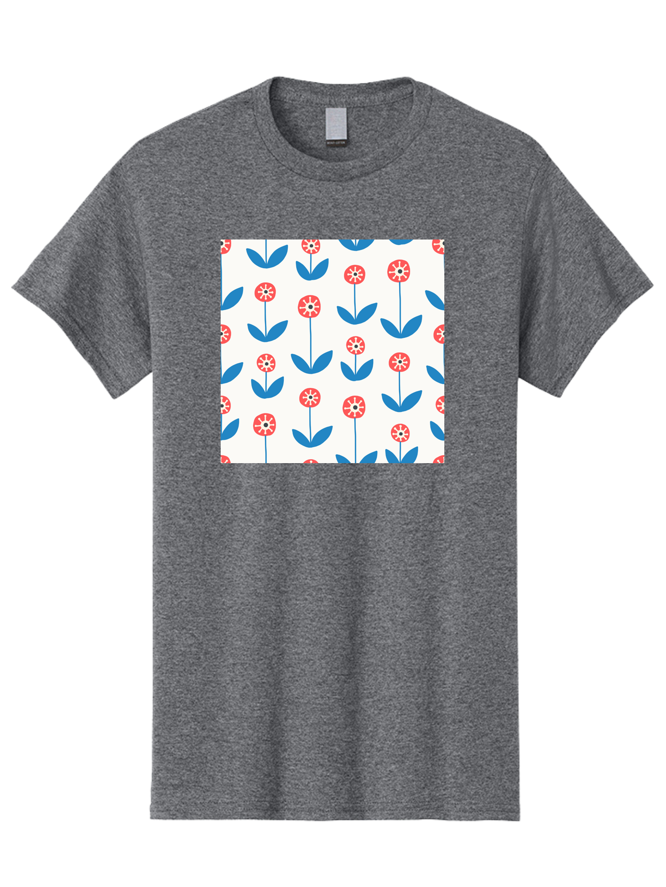 Floral-Pattern-15 Men'S Graphic Tee, 100% Cotton, Comfortable Casual Summer Wear, Machine Washable, Repeating Floral Pattern, Red Flowers With White Details, Blue Leaves And Stems, Simple Design, Minimalist Style, Seamless Repeat, Aab708