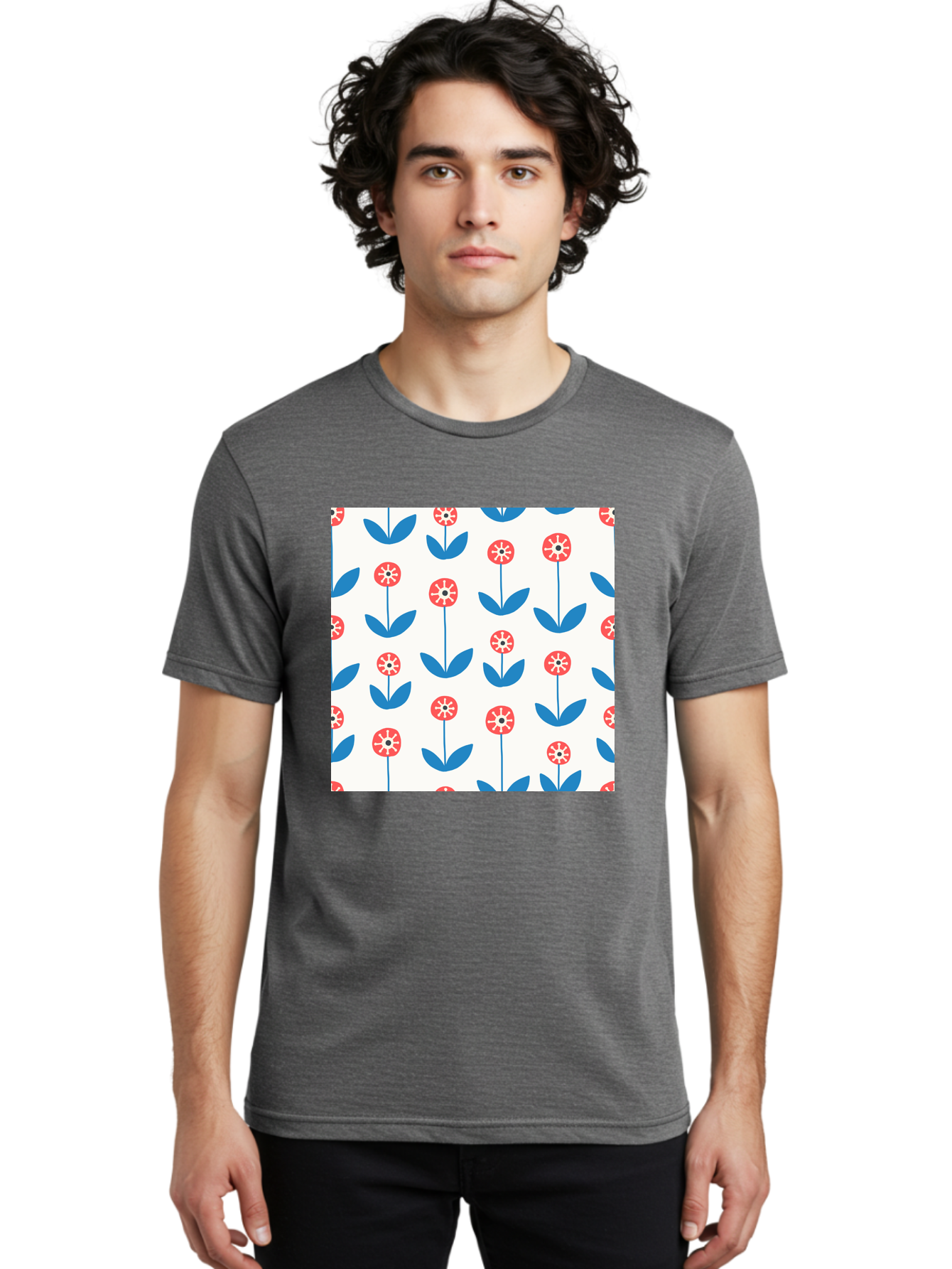 Floral-Pattern-15 Men'S Graphic Tee, 100% Cotton, Comfortable Casual Summer Wear, Machine Washable, Repeating Floral Pattern, Red Flowers With White Details, Blue Leaves And Stems, Simple Design, Minimalist Style, Seamless Repeat, Aab708