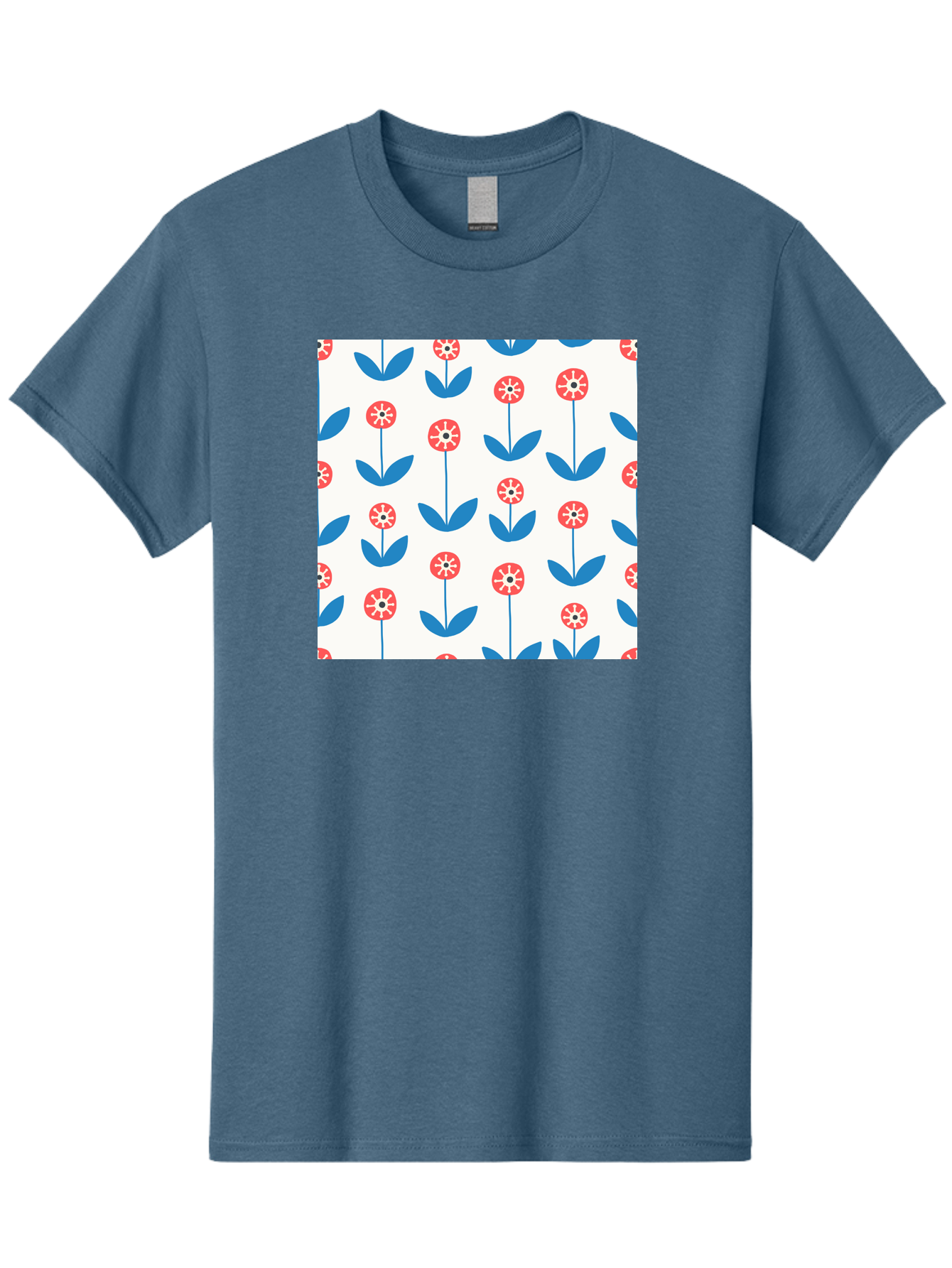 Floral-Pattern-15 Men'S Graphic Tee, 100% Cotton, Comfortable Casual Summer Wear, Machine Washable, Repeating Floral Pattern, Red Flowers With White Details, Blue Leaves And Stems, Simple Design, Minimalist Style, Seamless Repeat, Aab708