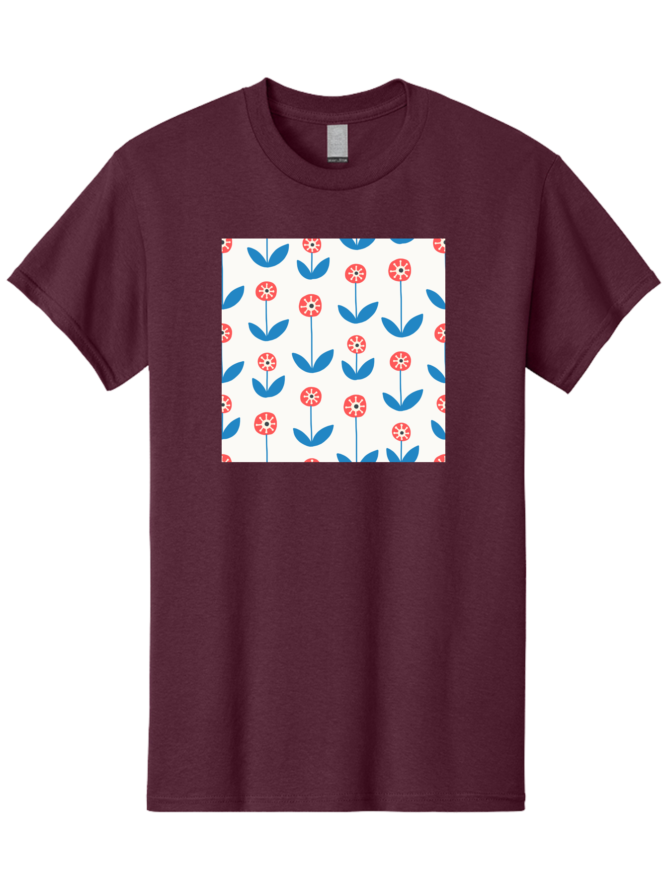 Floral-Pattern-15 Men'S Graphic Tee, 100% Cotton, Comfortable Casual Summer Wear, Machine Washable, Repeating Floral Pattern, Red Flowers With White Details, Blue Leaves And Stems, Simple Design, Minimalist Style, Seamless Repeat, Aab708