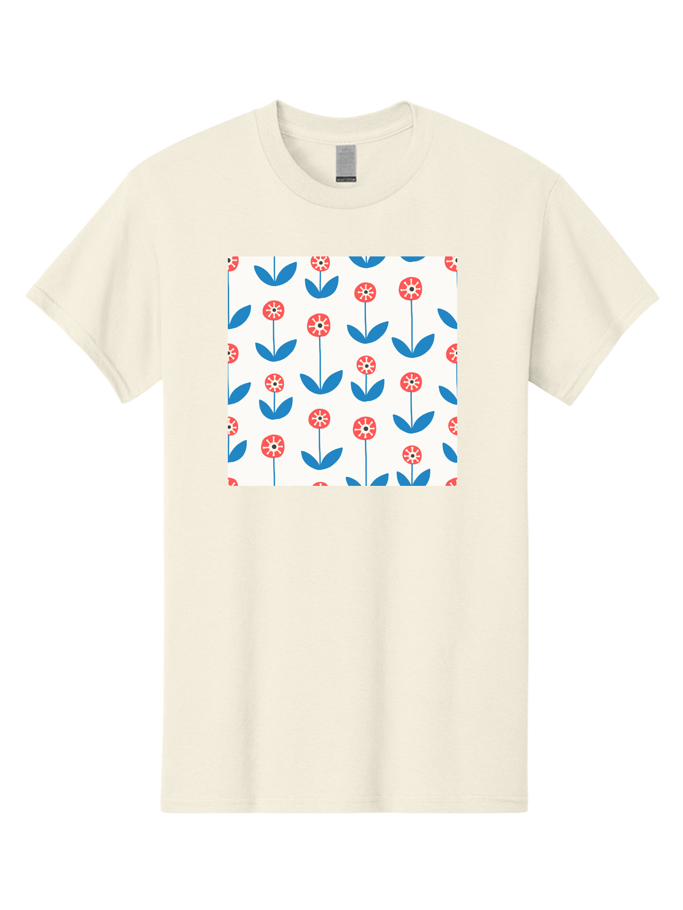 Floral-Pattern-15 Men'S Graphic Tee, 100% Cotton, Comfortable Casual Summer Wear, Machine Washable, Repeating Floral Pattern, Red Flowers With White Details, Blue Leaves And Stems, Simple Design, Minimalist Style, Seamless Repeat, Aab708