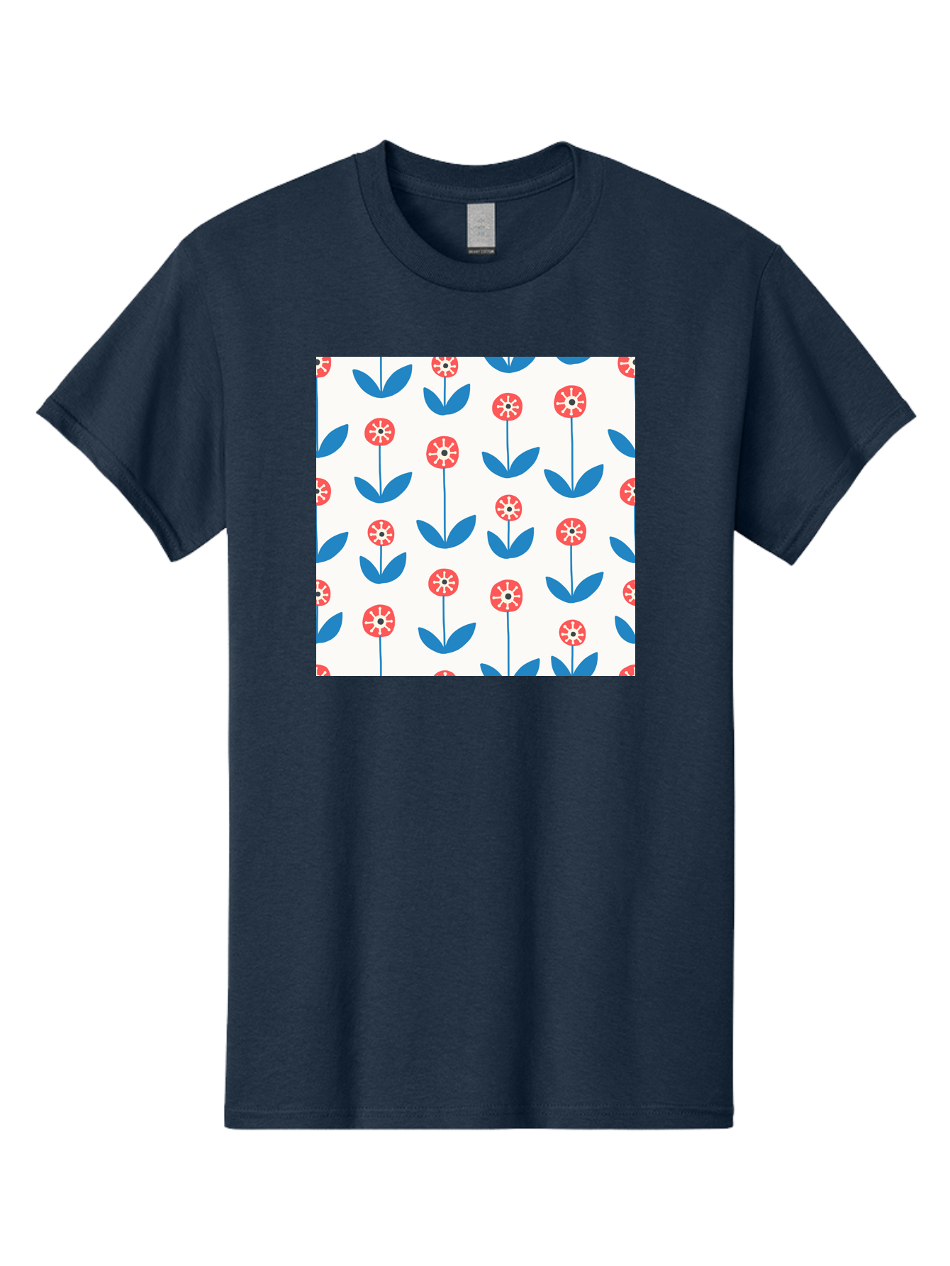 Floral-Pattern-15 Men'S Graphic Tee, 100% Cotton, Comfortable Casual Summer Wear, Machine Washable, Repeating Floral Pattern, Red Flowers With White Details, Blue Leaves And Stems, Simple Design, Minimalist Style, Seamless Repeat, Aab708
