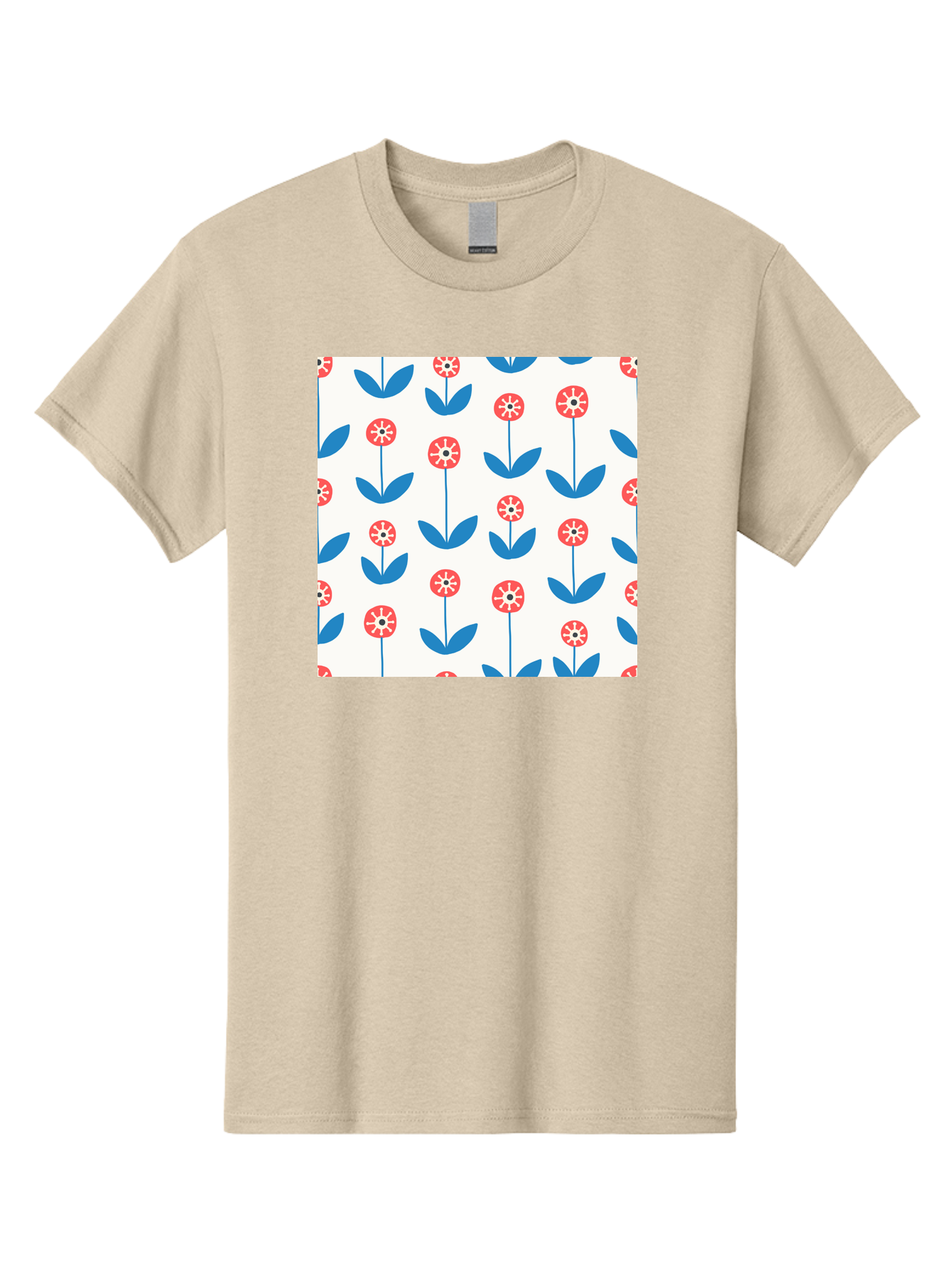 Floral-Pattern-15 Men'S Graphic Tee, 100% Cotton, Comfortable Casual Summer Wear, Machine Washable, Repeating Floral Pattern, Red Flowers With White Details, Blue Leaves And Stems, Simple Design, Minimalist Style, Seamless Repeat, Aab708