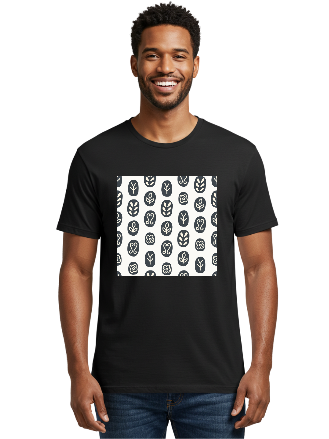 Floral-Pattern-16 Men'S Graphic Tee, 100% Cotton, Comfortable Casual Summer Wear, Machine Washable, Minimalist Botanical Design, Stylized Floral Motifs, Simple Shapes, Repetitive Pattern, Elegant Simplicity, Soothing Aesthetics, Aab709