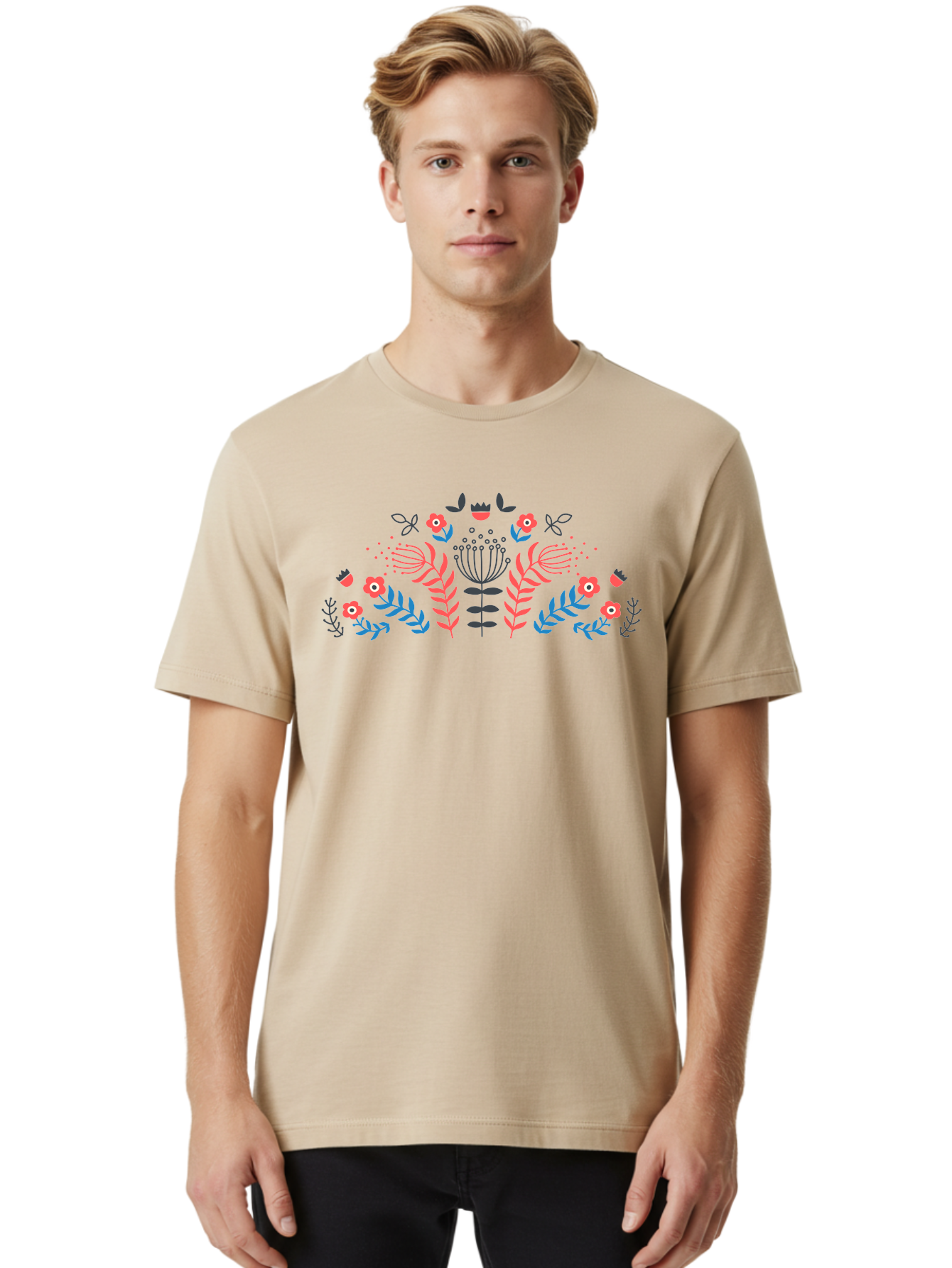 Floral-Pattern-18 Men'S Graphic Tee, 100% Cotton, Comfortable Casual Summer Wear, Machine Washable, Floral Pattern, Colorful Flowers, Leaves, Foliage, Abstract Design, Vibrant Colors, Whimsical Art, Stylized Blooms, Botanical Style, Aab711