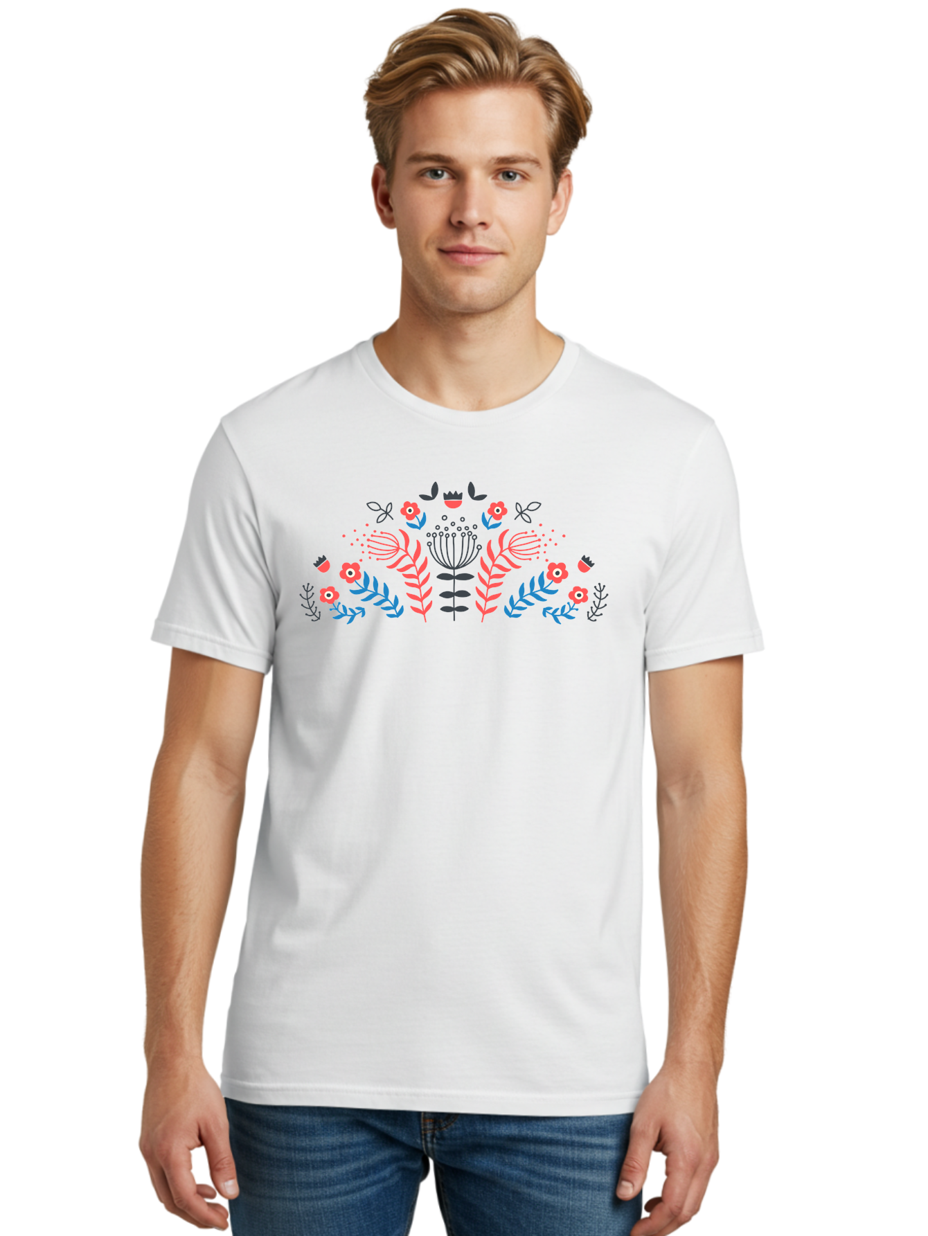 Floral-Pattern-18 Men'S Graphic Tee, 100% Cotton, Comfortable Casual Summer Wear, Machine Washable, Floral Pattern, Colorful Flowers, Leaves, Foliage, Abstract Design, Vibrant Colors, Whimsical Art, Stylized Blooms, Botanical Style, Aab711