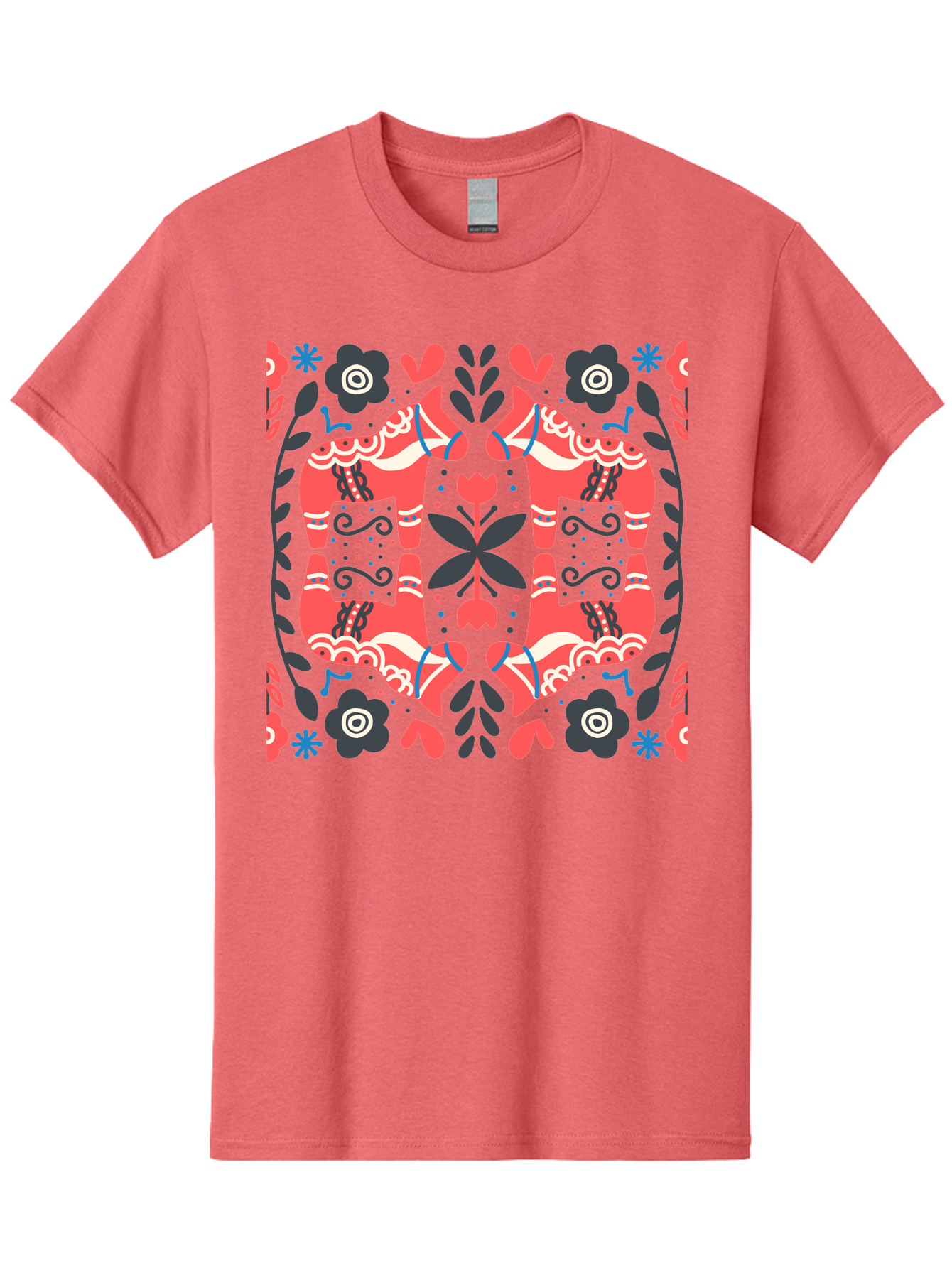 Floral-Pattern-2 Men'S Graphic Tee, 100% Cotton, Comfortable Casual Summer Wear, Machine Washable, Floral Designs, Geometric Shapes, Abstract Art, Black Flowers, Red And White Accents, Blue Details, Decorative Pattern, Symmetrical Design, Aab712