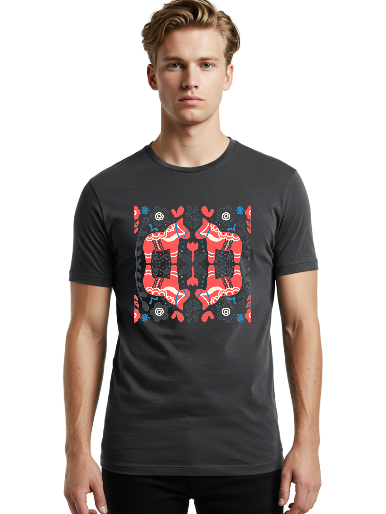 Floral-Pattern-2 Men'S Graphic Tee, 100% Cotton, Comfortable Casual Summer Wear, Machine Washable, Floral Designs, Geometric Shapes, Abstract Art, Black Flowers, Red And White Accents, Blue Details, Decorative Pattern, Symmetrical Design, Aab712