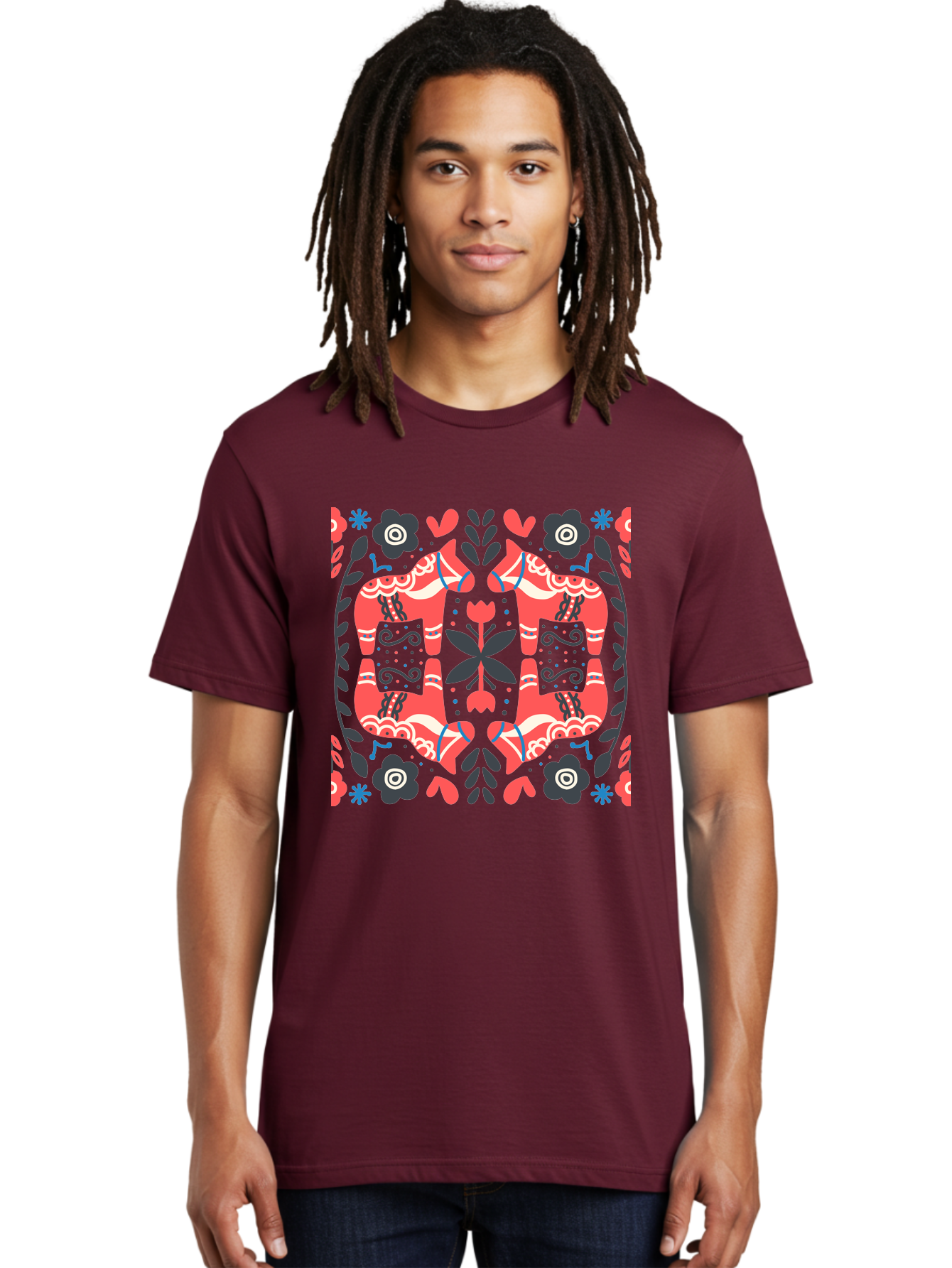 Floral-Pattern-2 Men'S Graphic Tee, 100% Cotton, Comfortable Casual Summer Wear, Machine Washable, Floral Designs, Geometric Shapes, Abstract Art, Black Flowers, Red And White Accents, Blue Details, Decorative Pattern, Symmetrical Design, Aab712