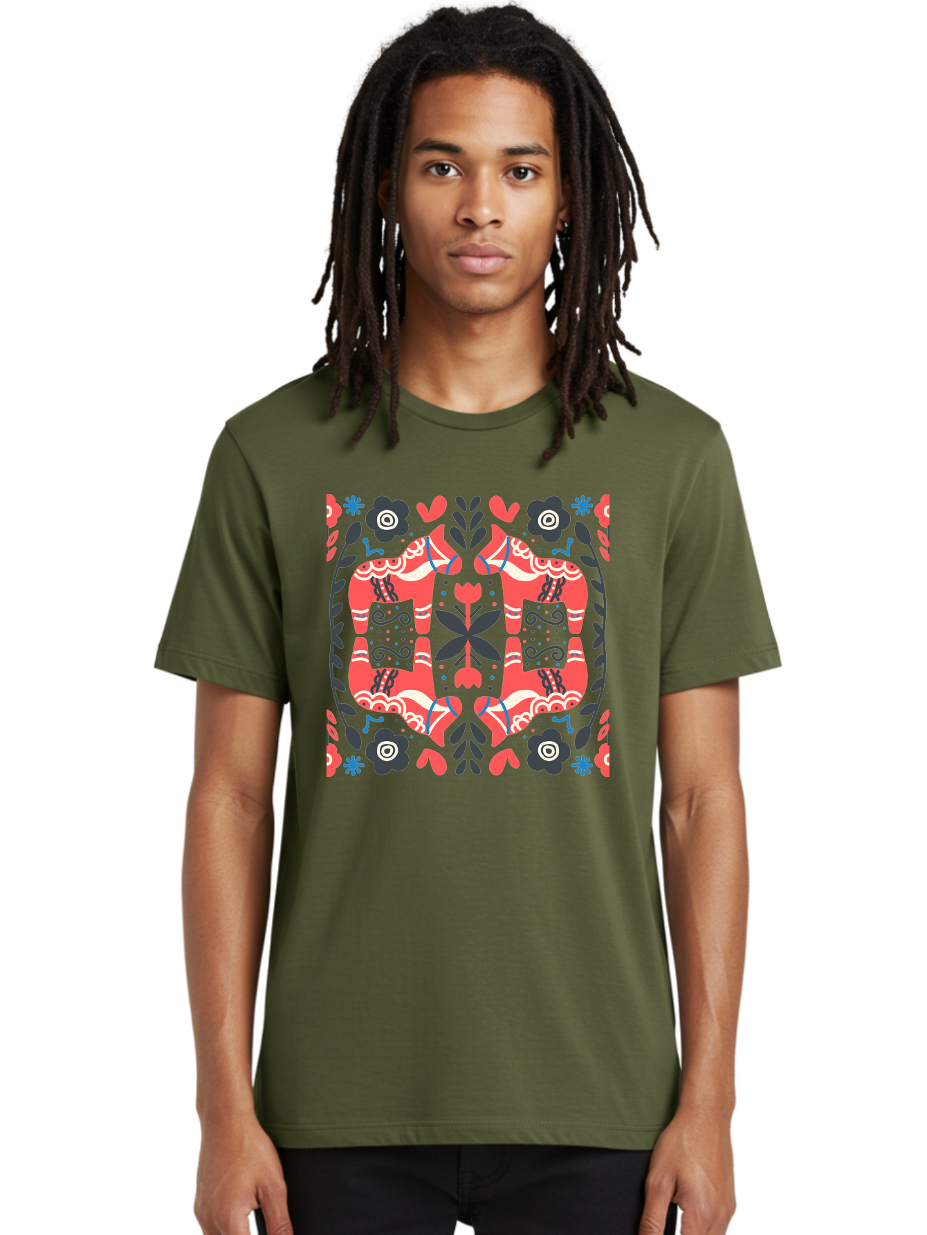 Floral-Pattern-2 Men'S Graphic Tee, 100% Cotton, Comfortable Casual Summer Wear, Machine Washable, Floral Designs, Geometric Shapes, Abstract Art, Black Flowers, Red And White Accents, Blue Details, Decorative Pattern, Symmetrical Design, Aab712