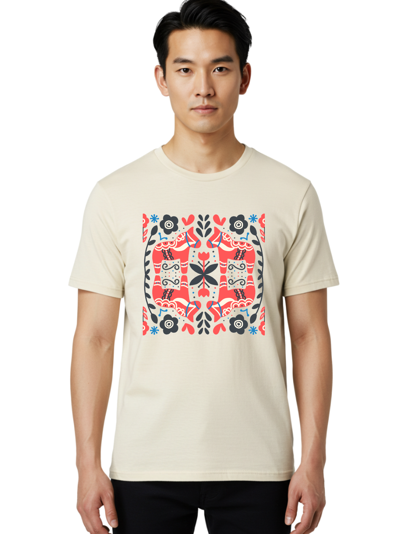 Floral-Pattern-2 Men'S Graphic Tee, 100% Cotton, Comfortable Casual Summer Wear, Machine Washable, Floral Designs, Geometric Shapes, Abstract Art, Black Flowers, Red And White Accents, Blue Details, Decorative Pattern, Symmetrical Design, Aab712
