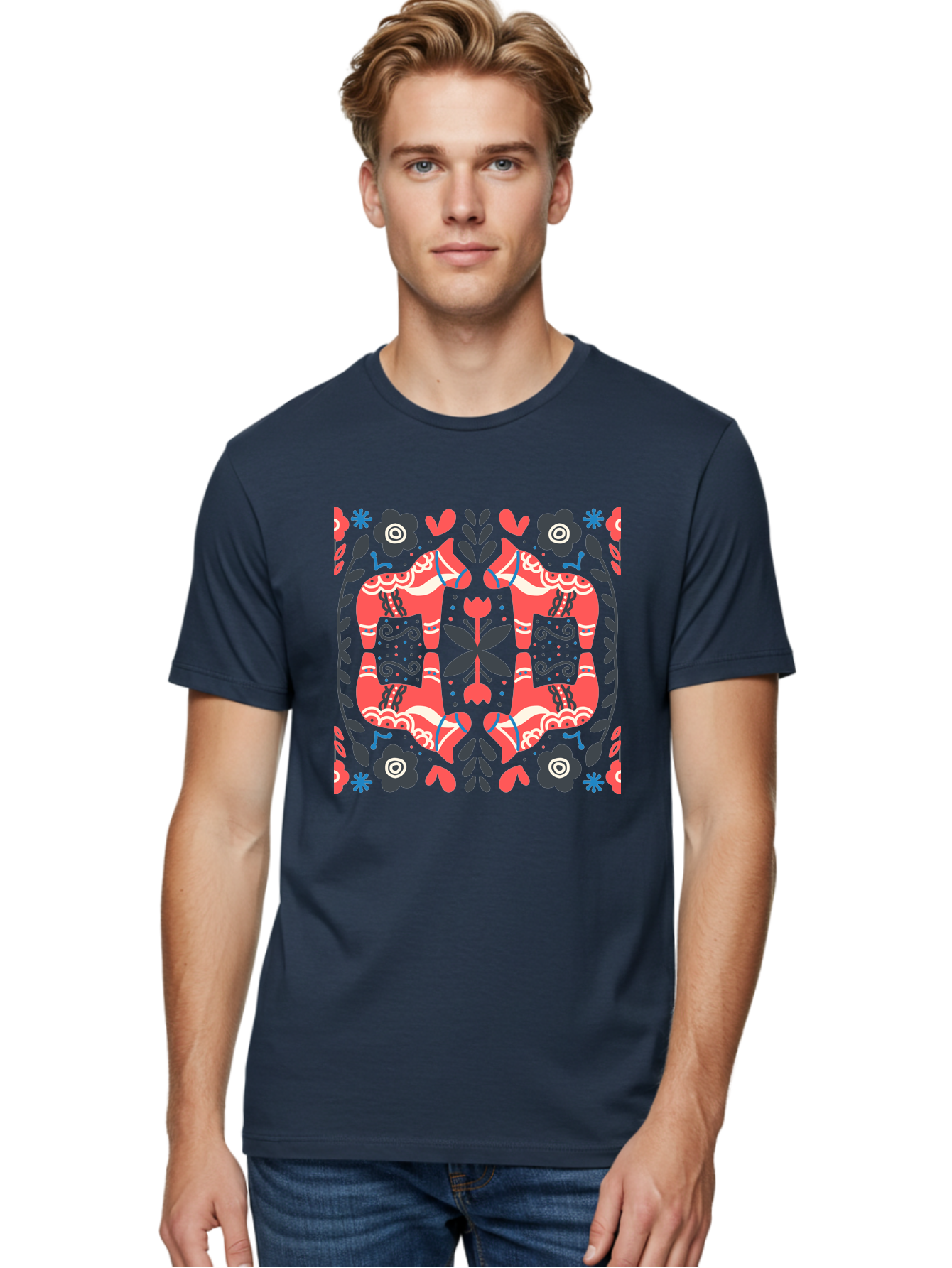 Floral-Pattern-2 Men'S Graphic Tee, 100% Cotton, Comfortable Casual Summer Wear, Machine Washable, Floral Designs, Geometric Shapes, Abstract Art, Black Flowers, Red And White Accents, Blue Details, Decorative Pattern, Symmetrical Design, Aab712
